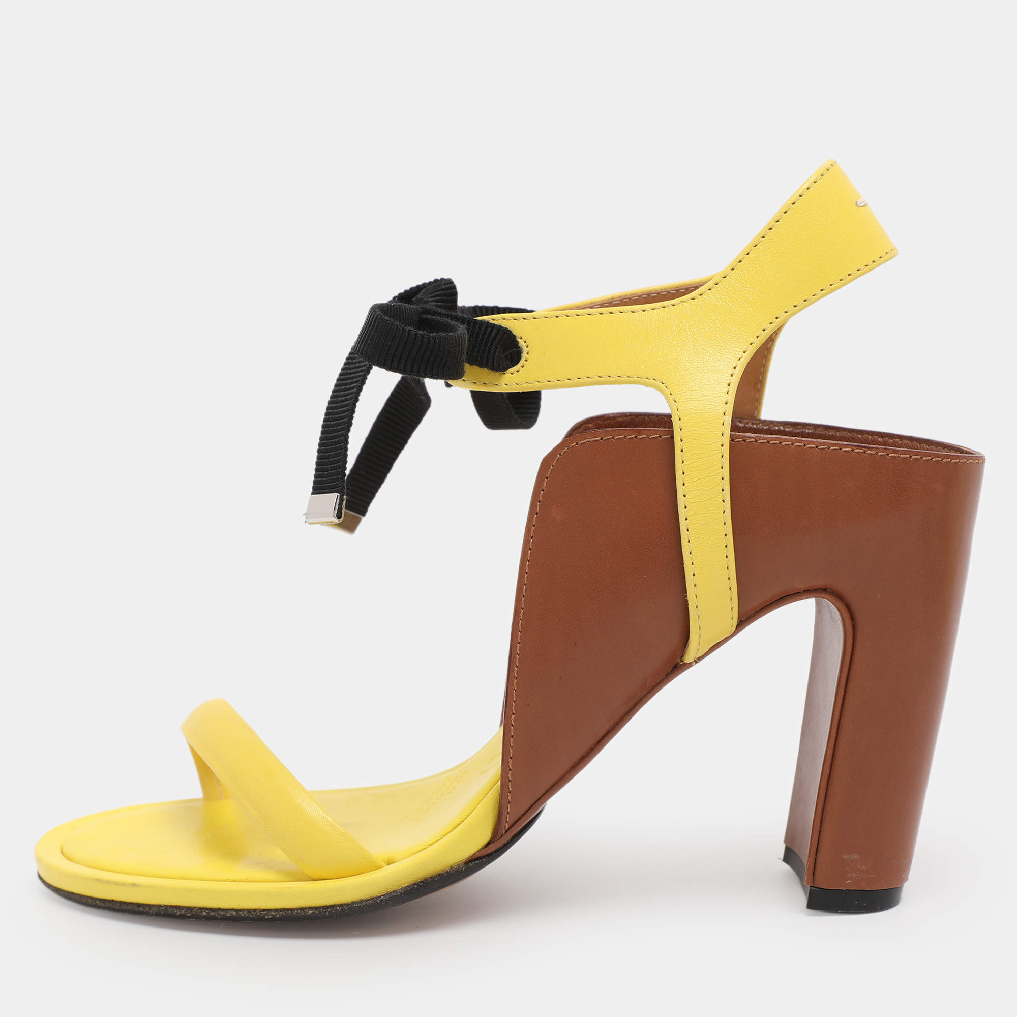 Pre Owned Maison Martin Margiela Yellow/Brown Leather Ankle Strap Sandals Size 38.5