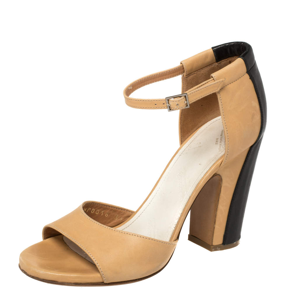 Pre Owned Maison Martin Margiela Beige/Black Leather Ankle Strap Sandals Size 37