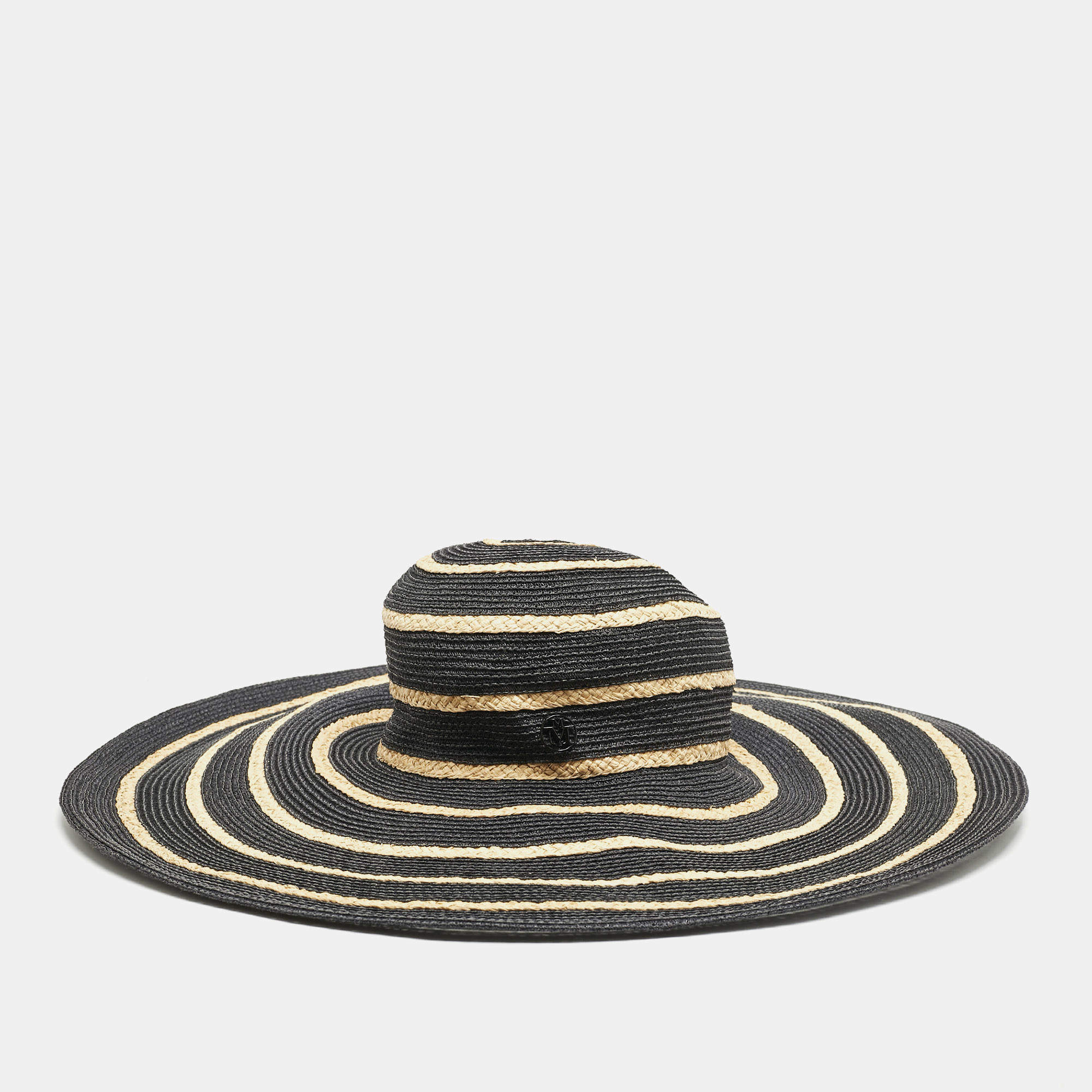 Maison Michel Paris Black Striped Straw Ursula Hat L