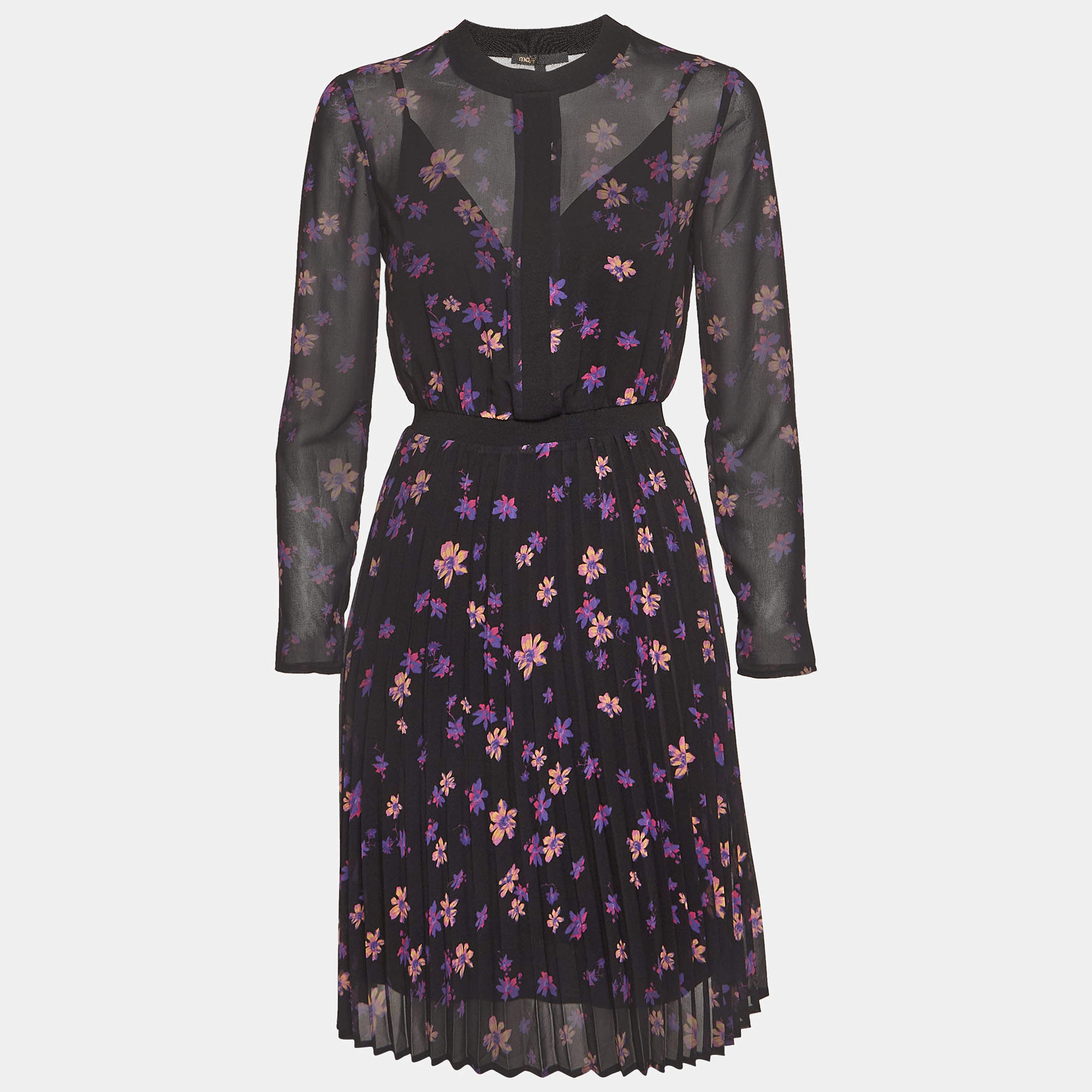 Maje Black Floral Print Chiffon Plisse Midi Dress S