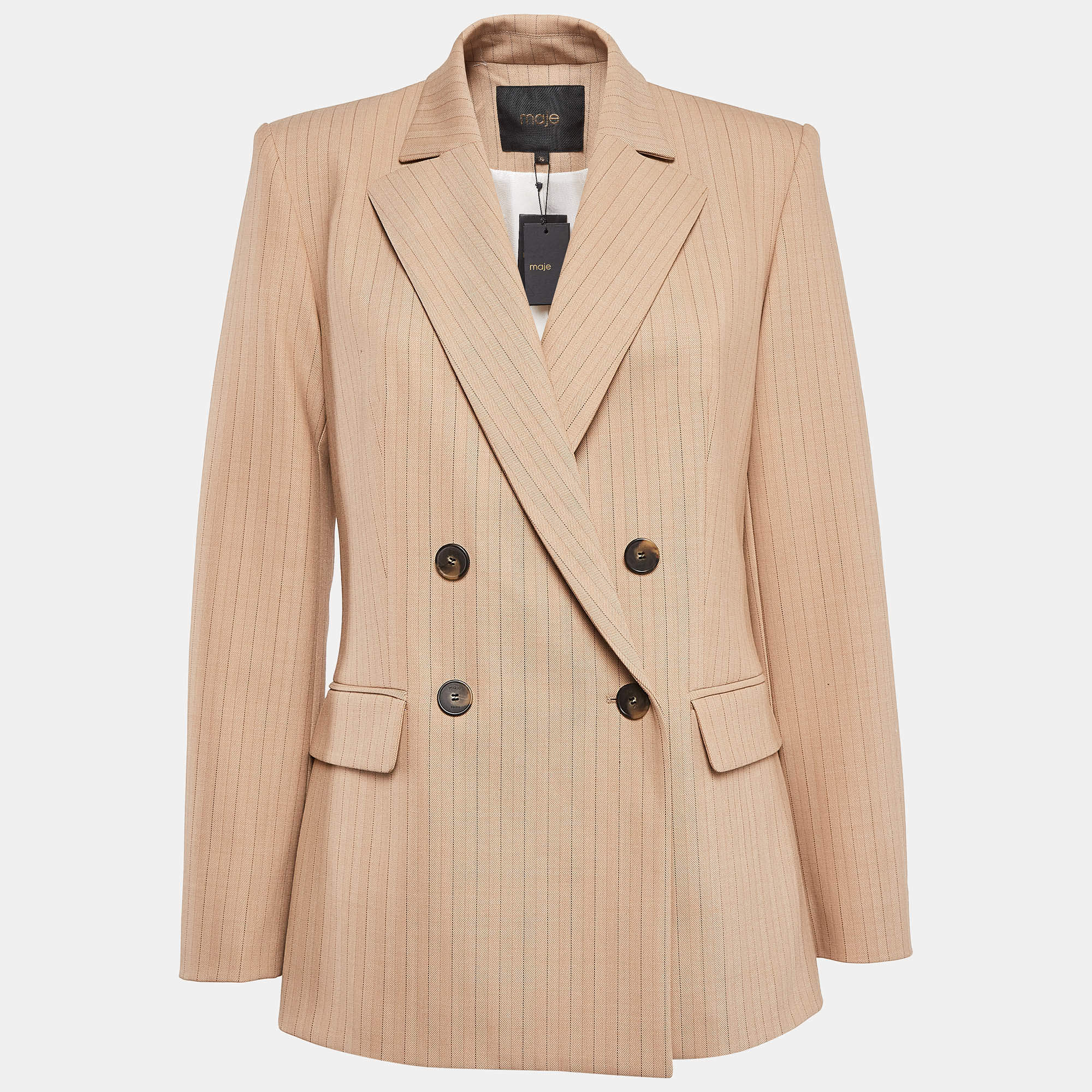 Maje Beige Pinstripe Wool Blend Double Breasted Blazer S