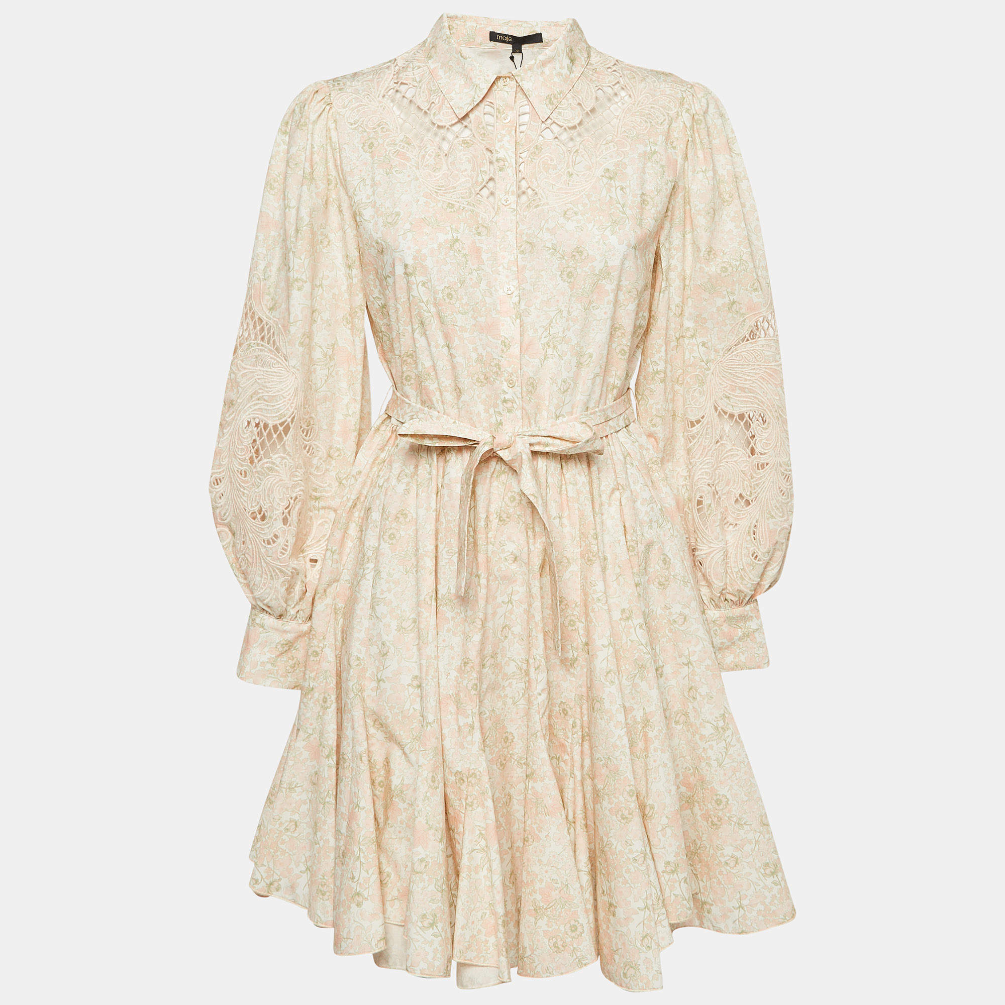 Maje Pink Floral Print Cotton Cut-Out Embroidered Short Dress M