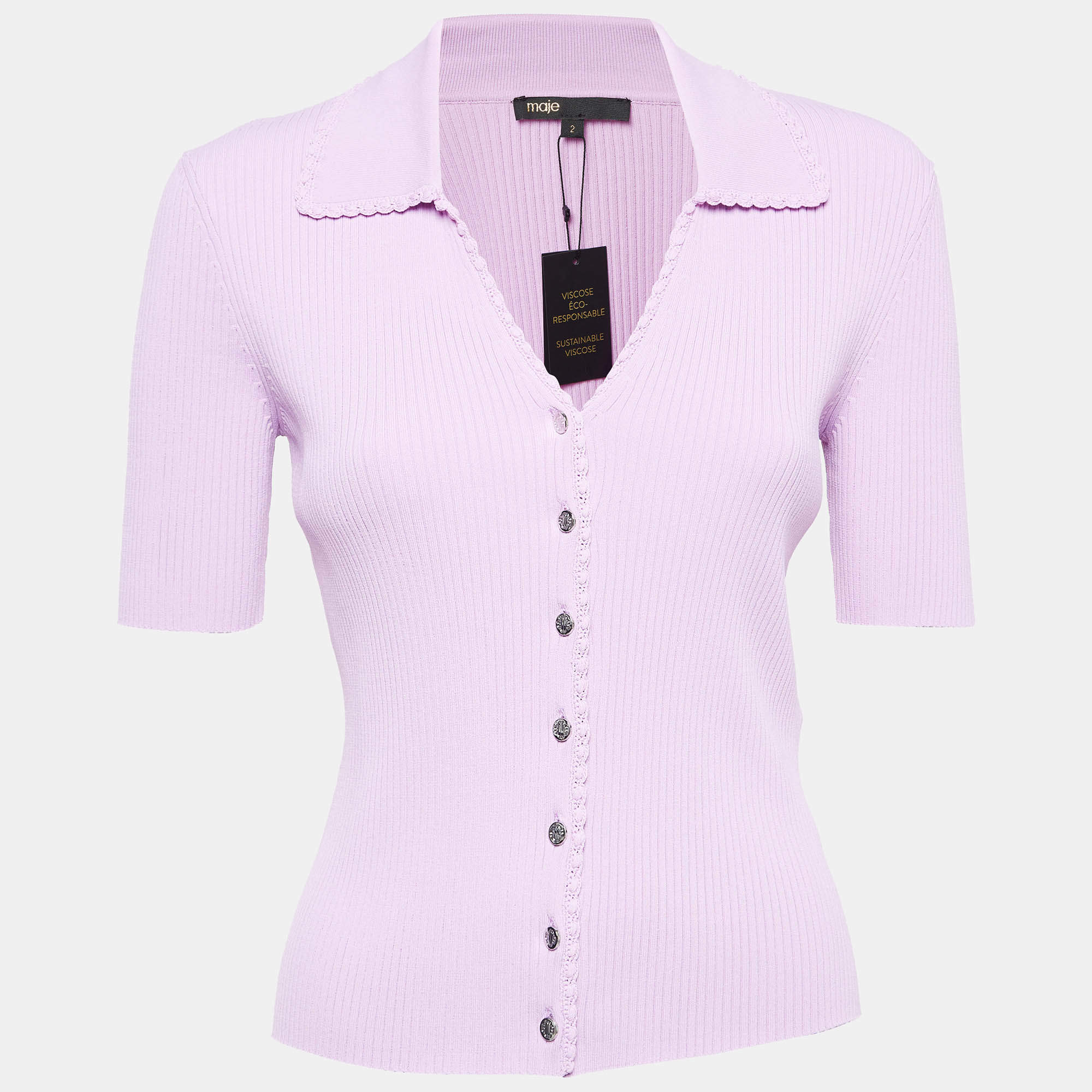 Maje Purple Rib Knit Buttoned Mimosalia Top M