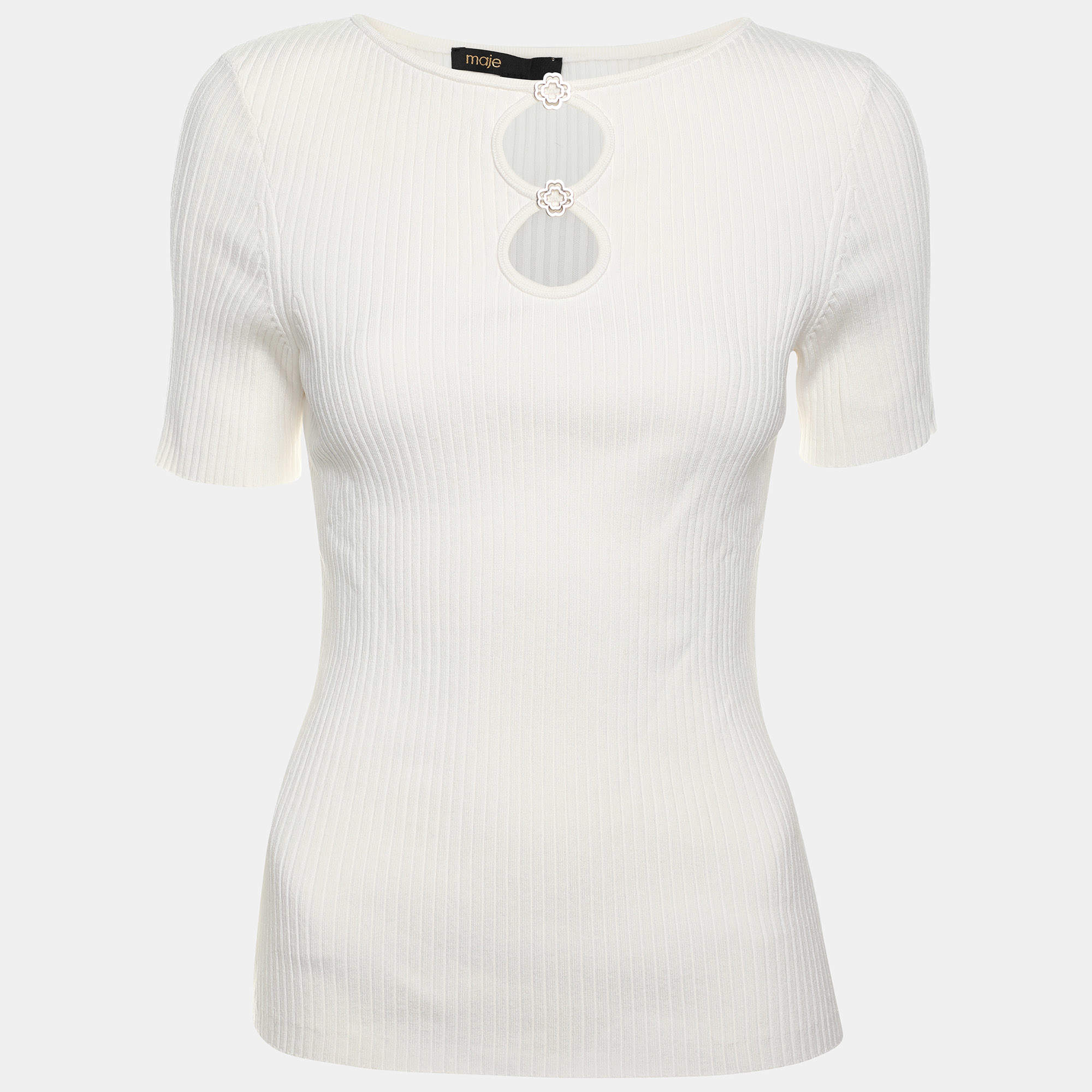 Maje White Cut Out Rib Knit Embellished Top M