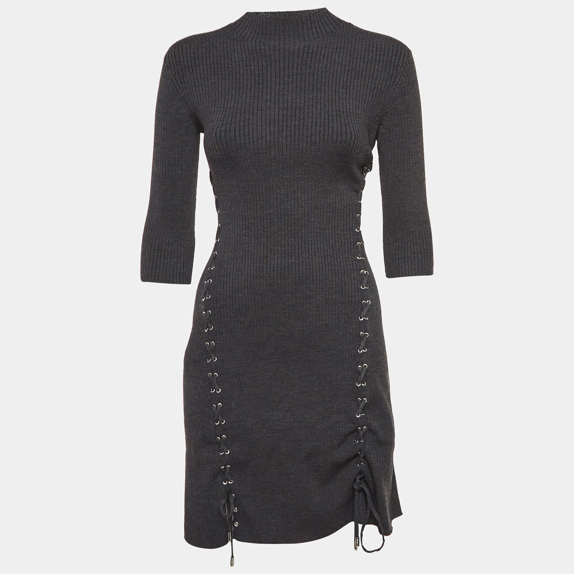 Pre Owned Maje Grey Rib Knit Laced Eyelet Detail Mini Dress S