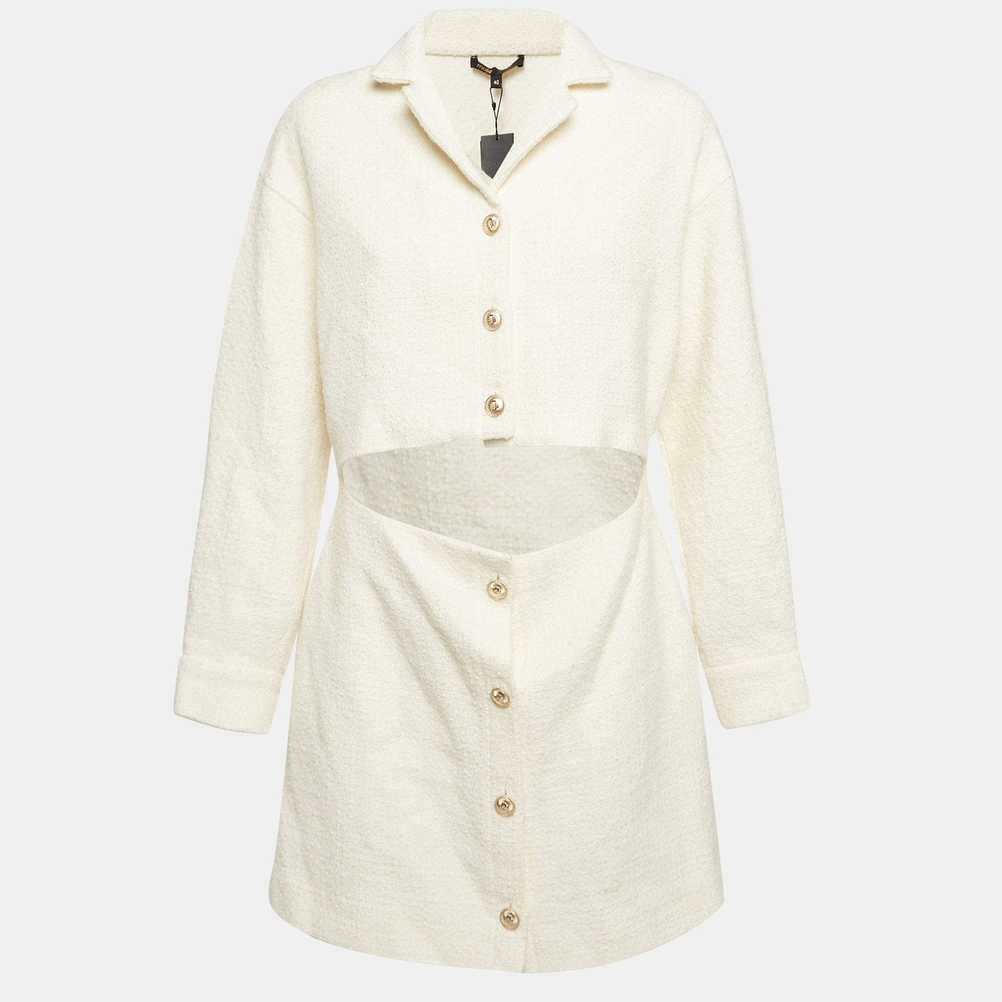 Pre Owned Maje White Tweed Open Front Detail Mini Dress L