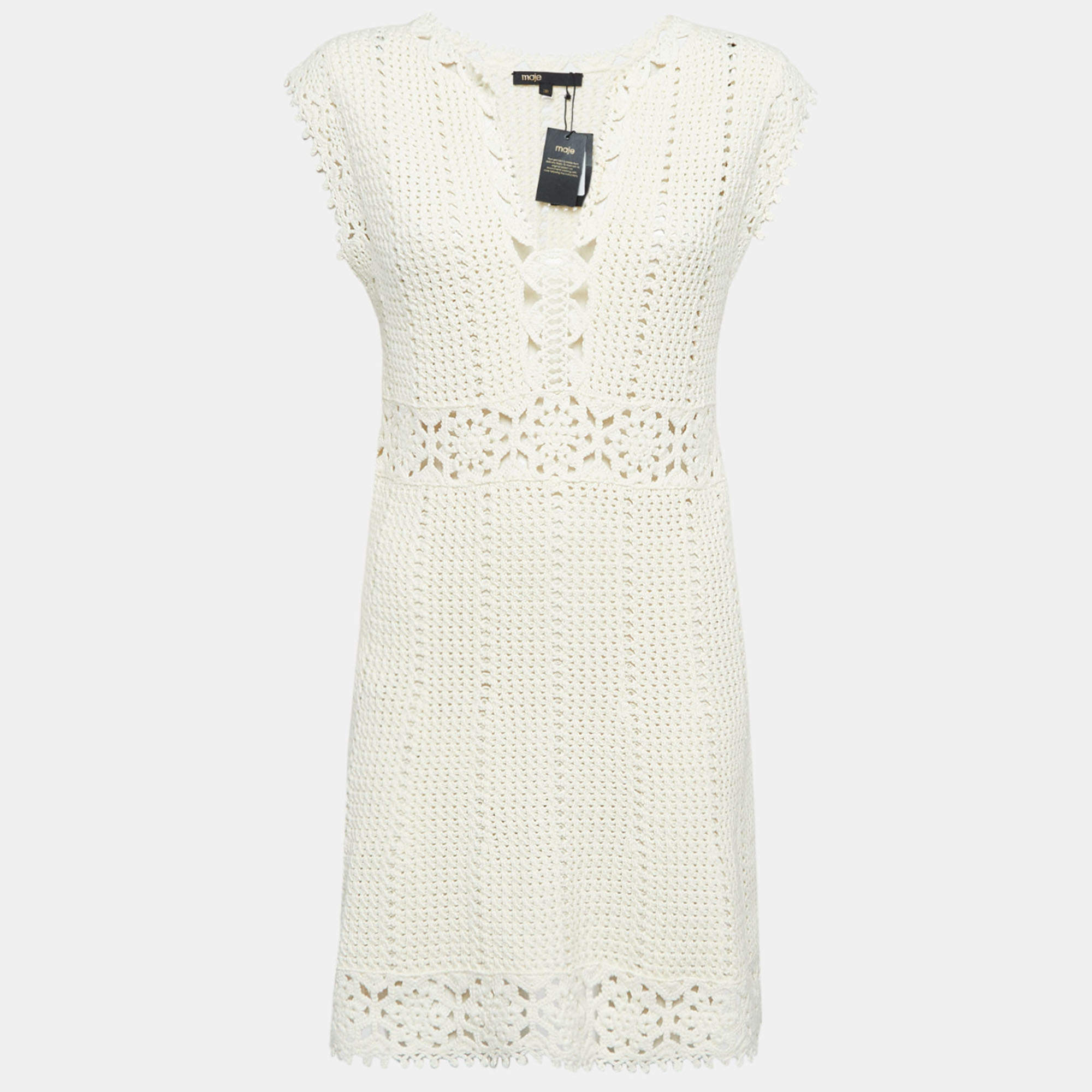 Pre Owned Maje Cream Crochet Knit Sleeveless Rebelle Mini Dress M