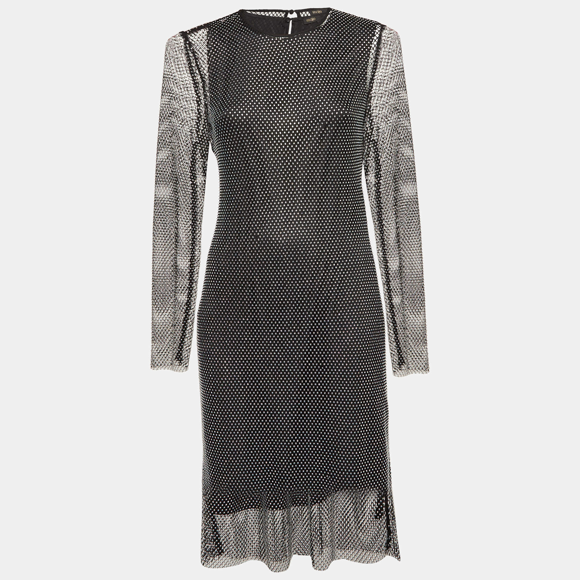 Pre Owned Maje Black Rhinestone Embellished Mesh Mini Dress XL