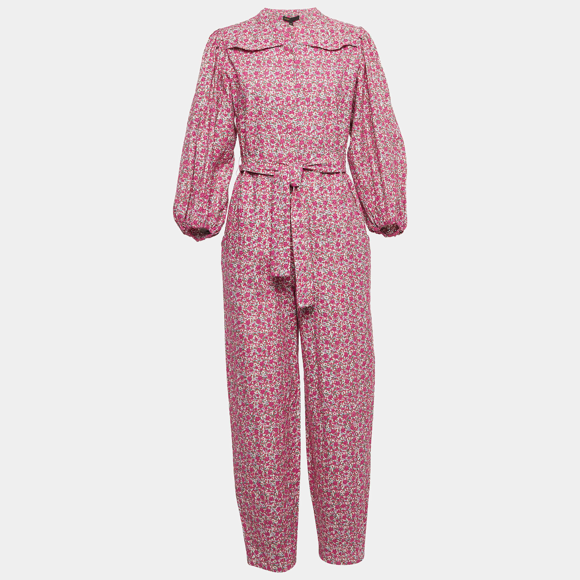 Maje Pink Imprime Fleu Print Cotton Puff Sleeve Jumpsuit M