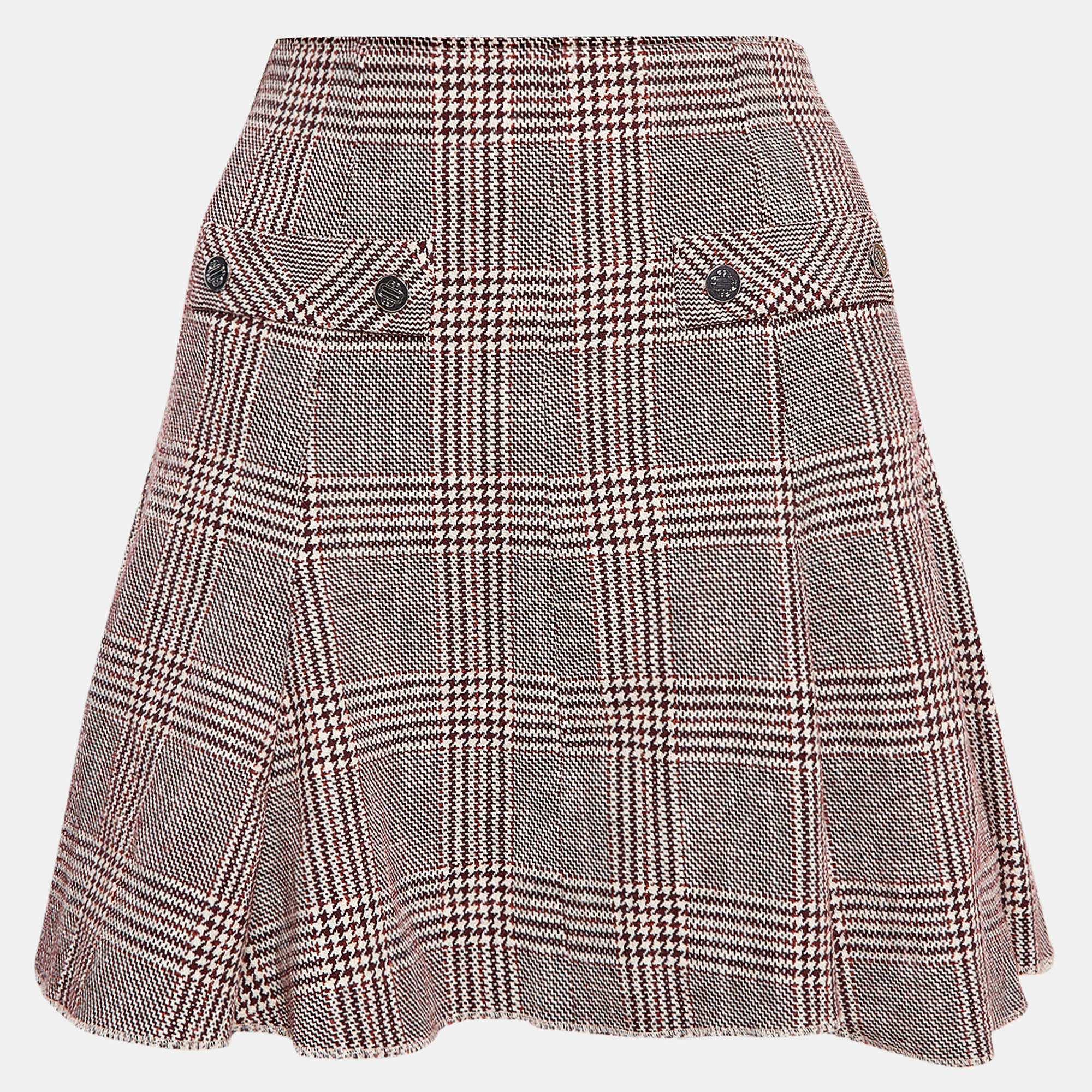 Maje Red Checked Cotton Blend Godets Mini Skirt L