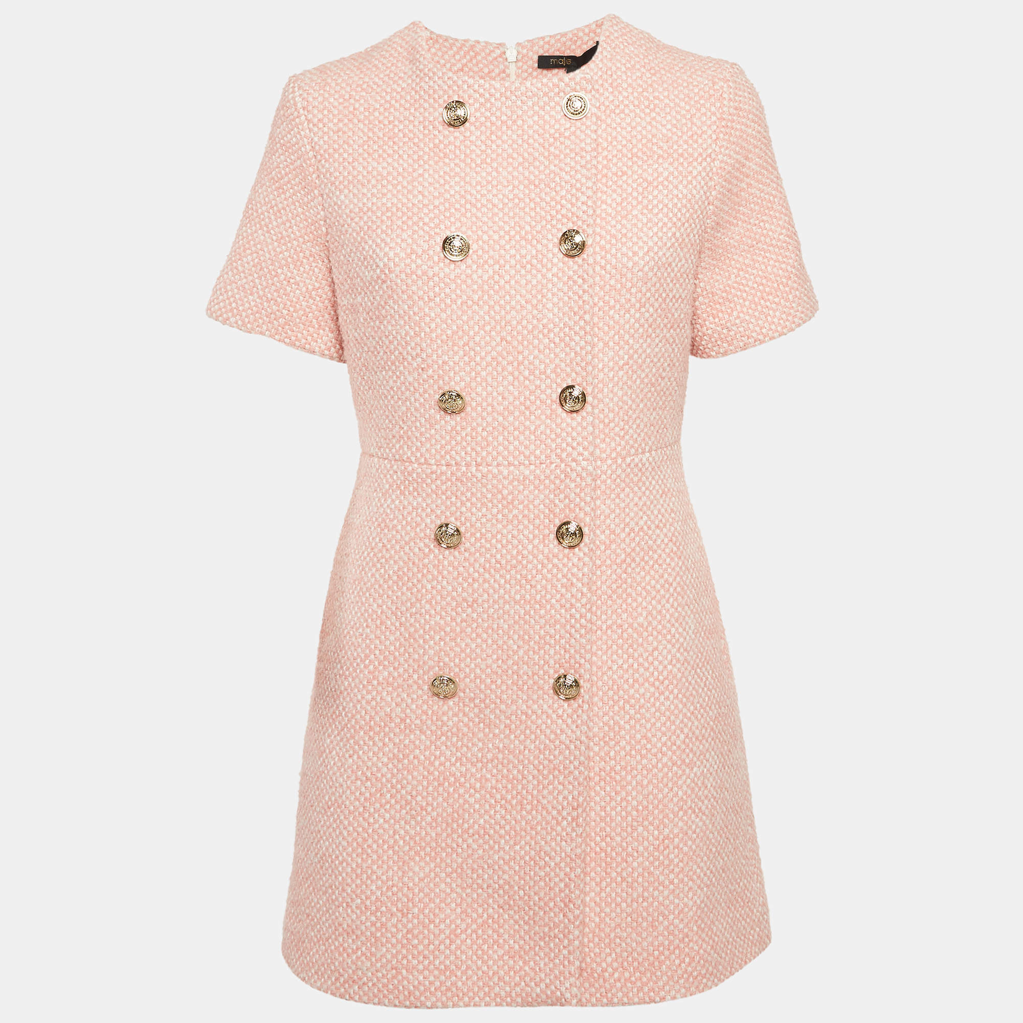 Pre Owned Maje Pink/White Tweed Button Detail Mini Dress M