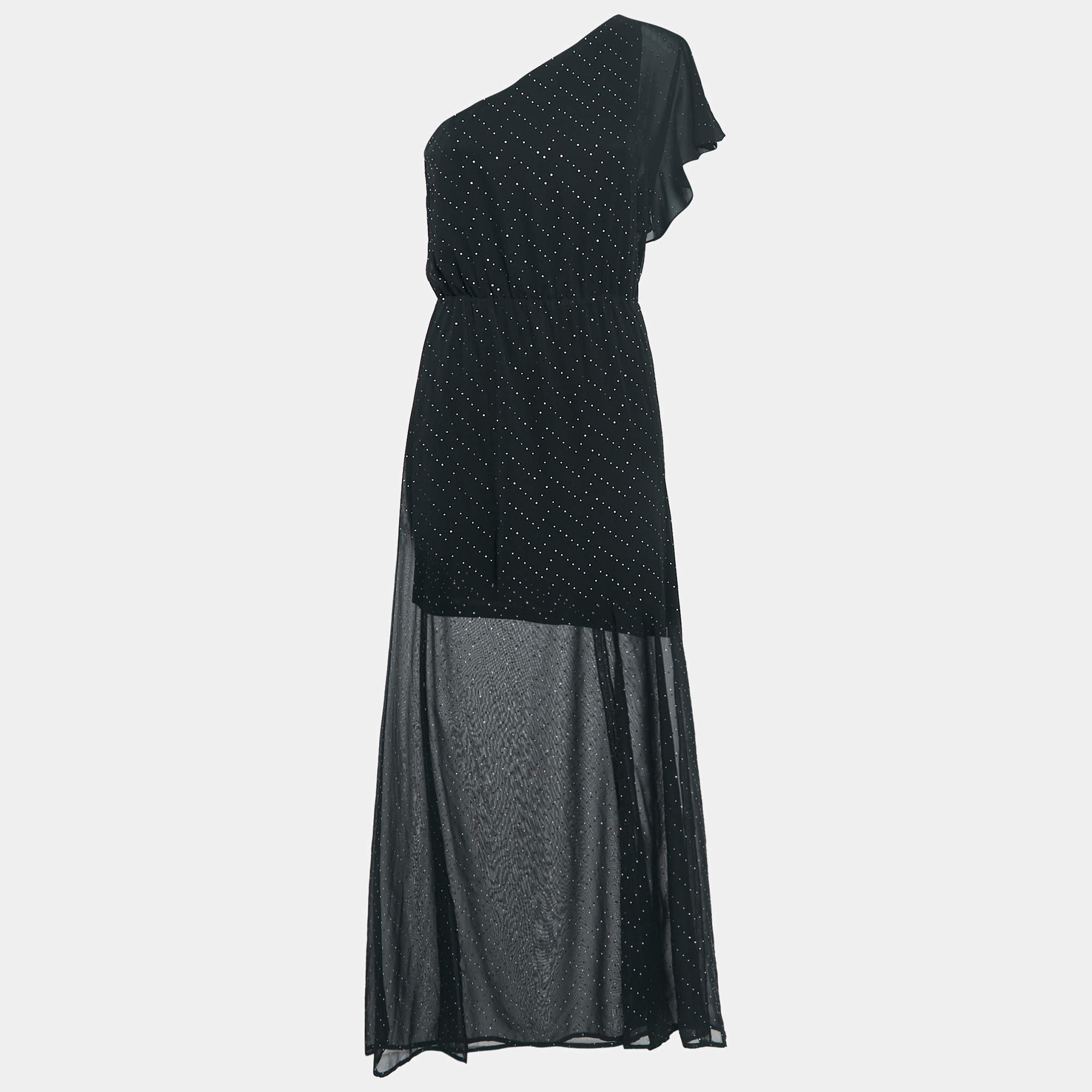 Maje Black Studded Crepe One-Shoulder Maxi Dress M
