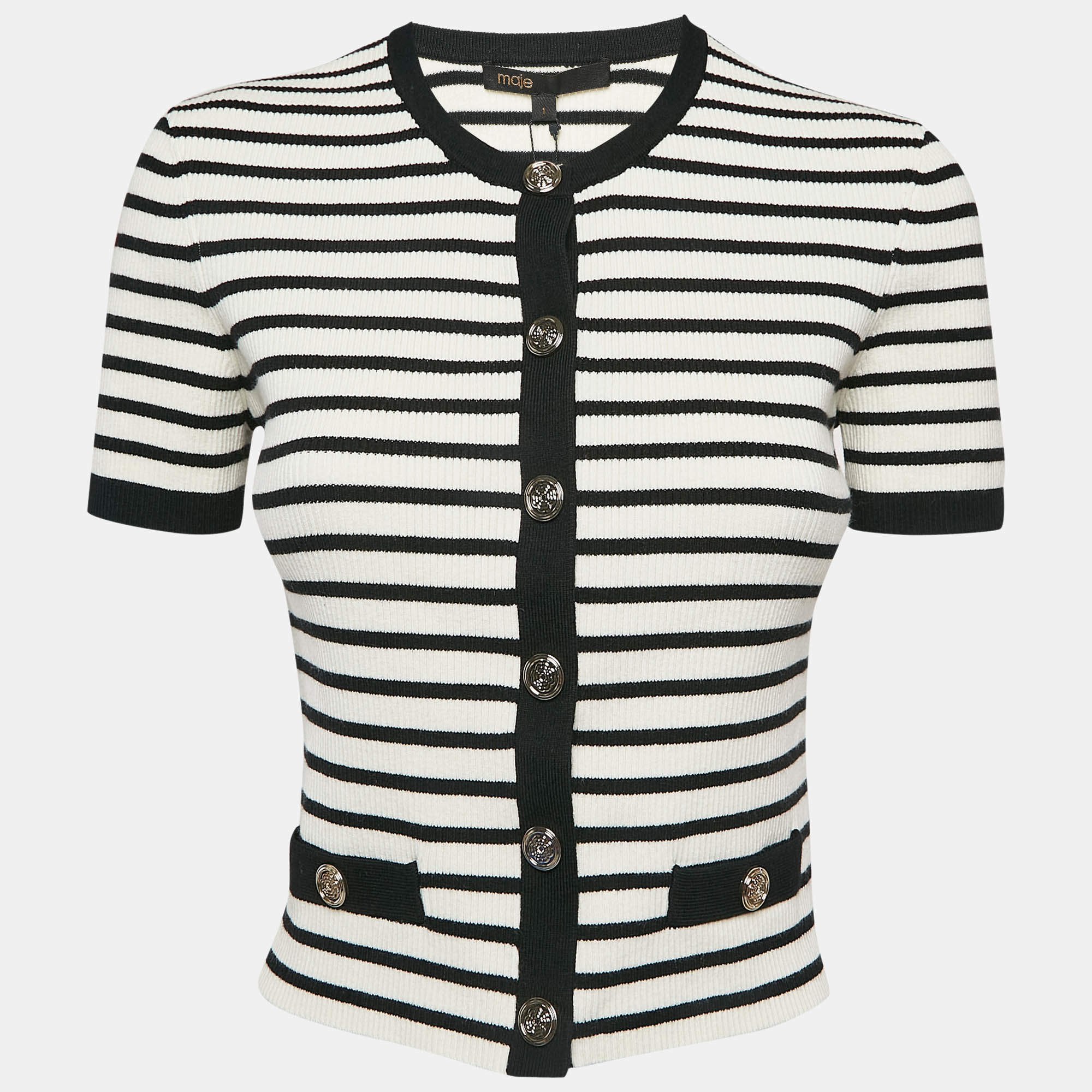 Maje Black/White Stripe Rib Knit Button Front Cardigan S