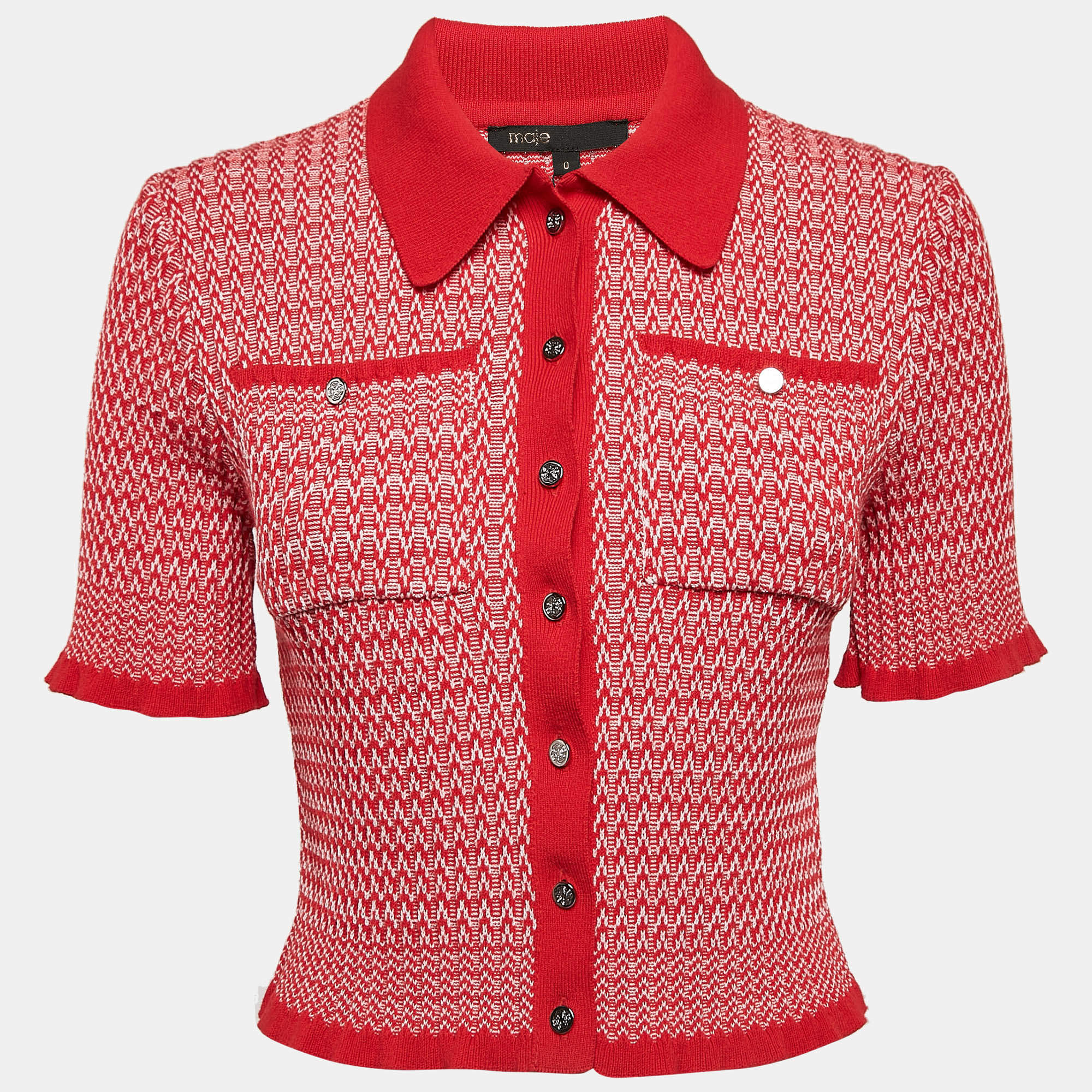 Maje Red Patterned Rib Knit Button Front Cardigan XS