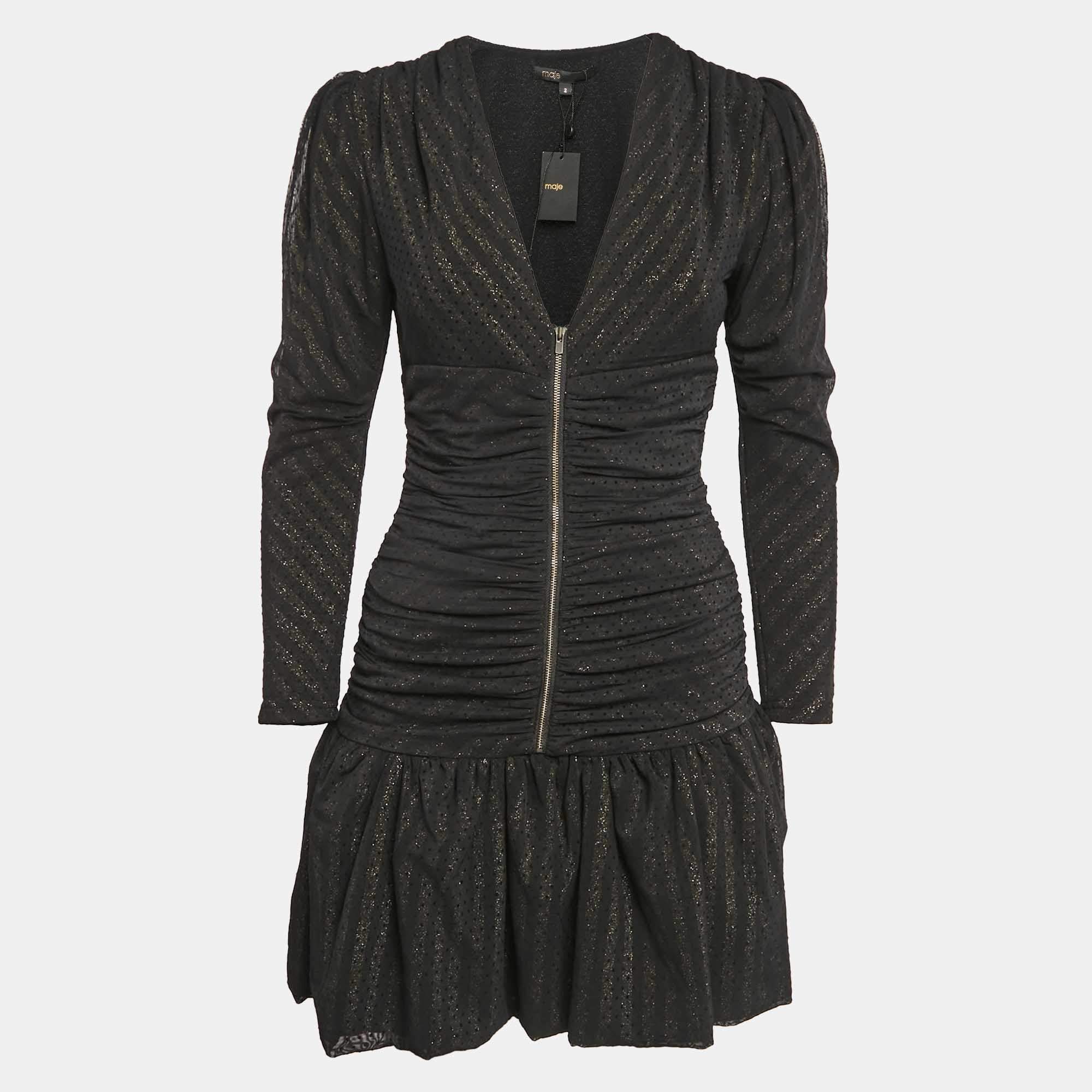 Maje Black Lurex Knit Mesh Ruched Ralone Mini Dress M