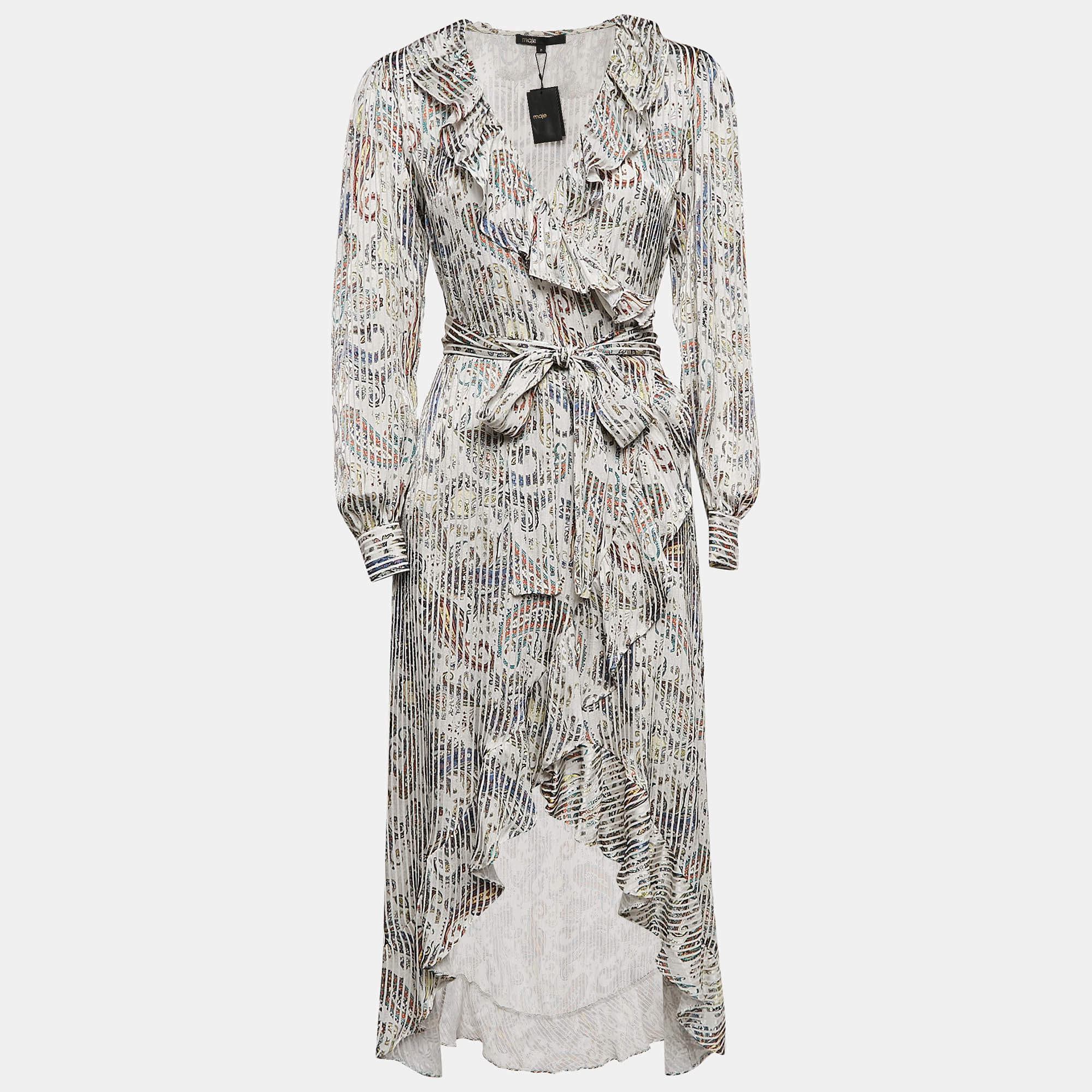 Maje Grey/Multicolor Paisley Print Crepe Midi Wrap Argent Dress L