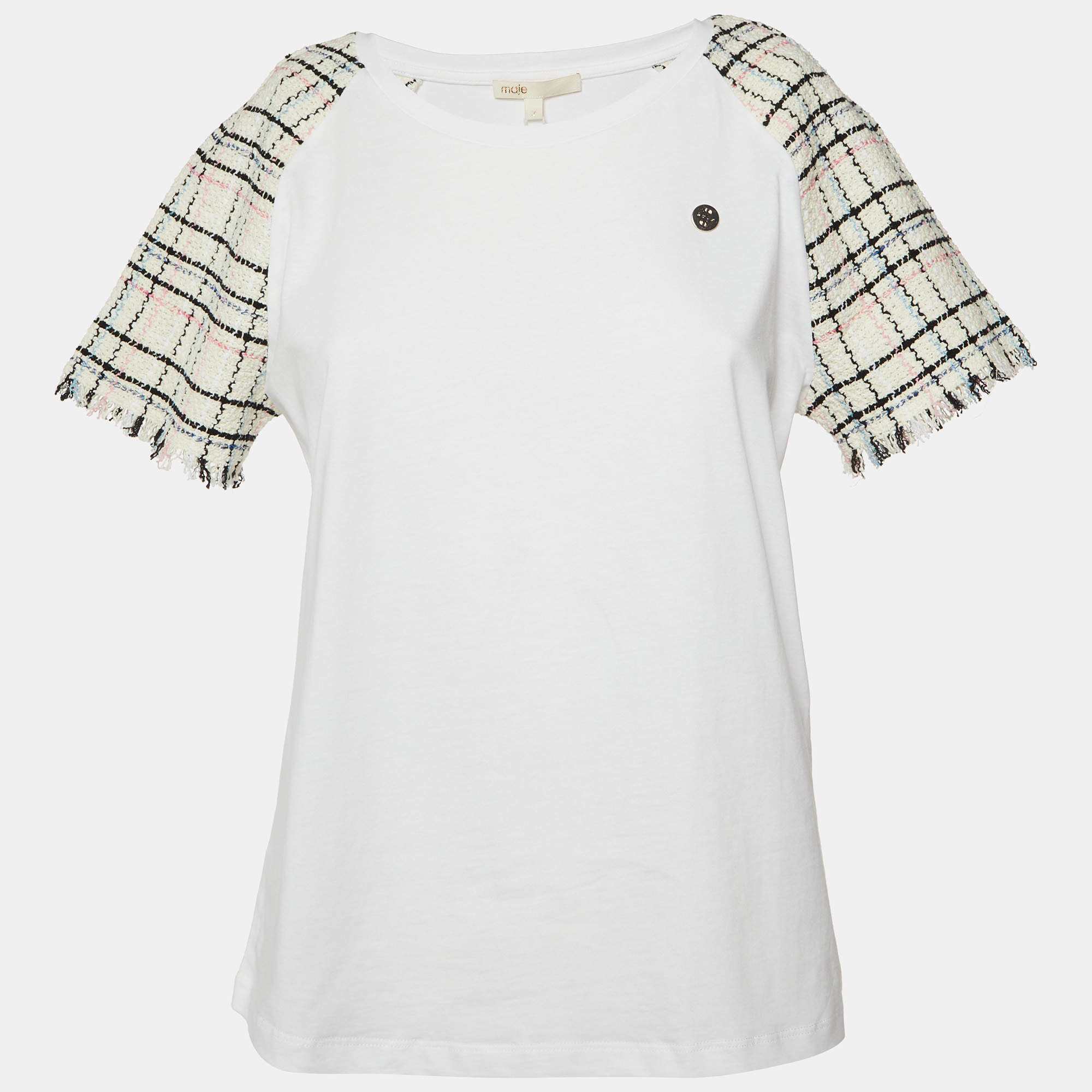 Pre Owned Maje White Cotton Tweed Sleeved Crew Neck T-Shirt M 