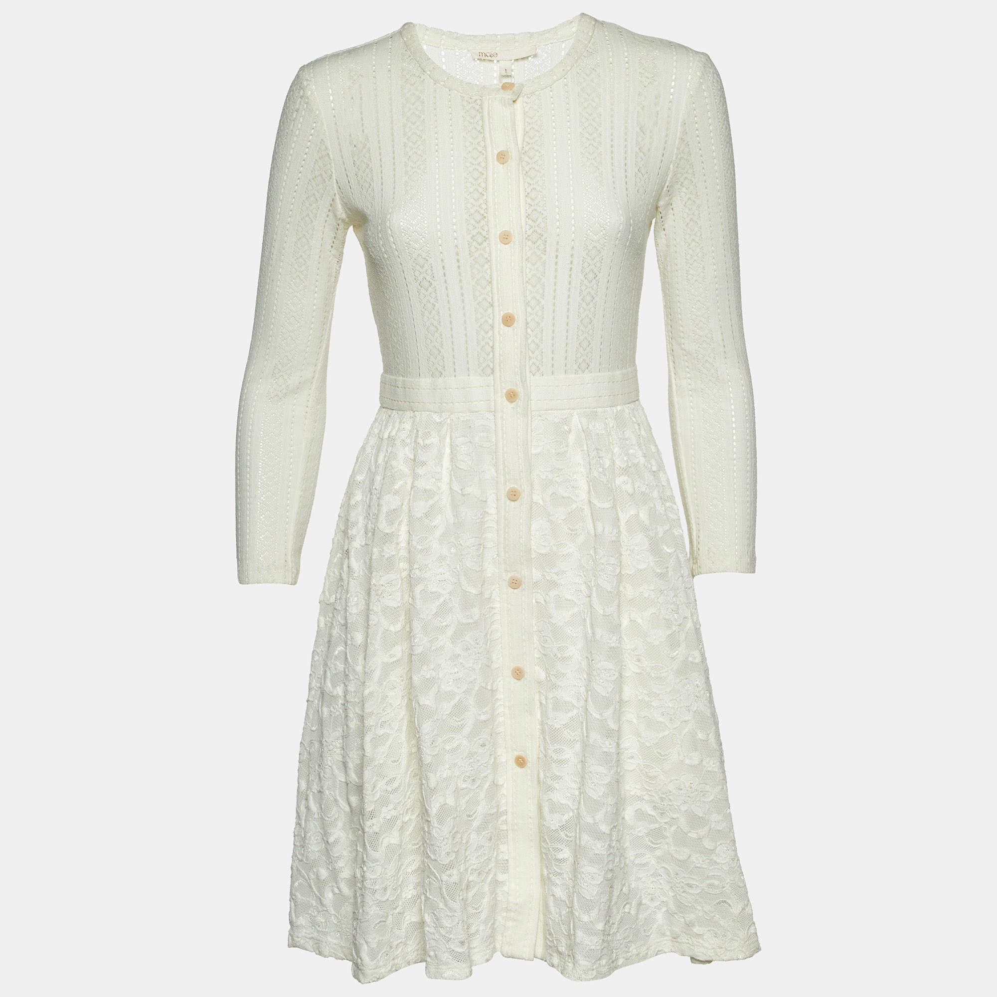 Maje Ecru White Patterned Knit Button Front Roxo Mini Dress S
