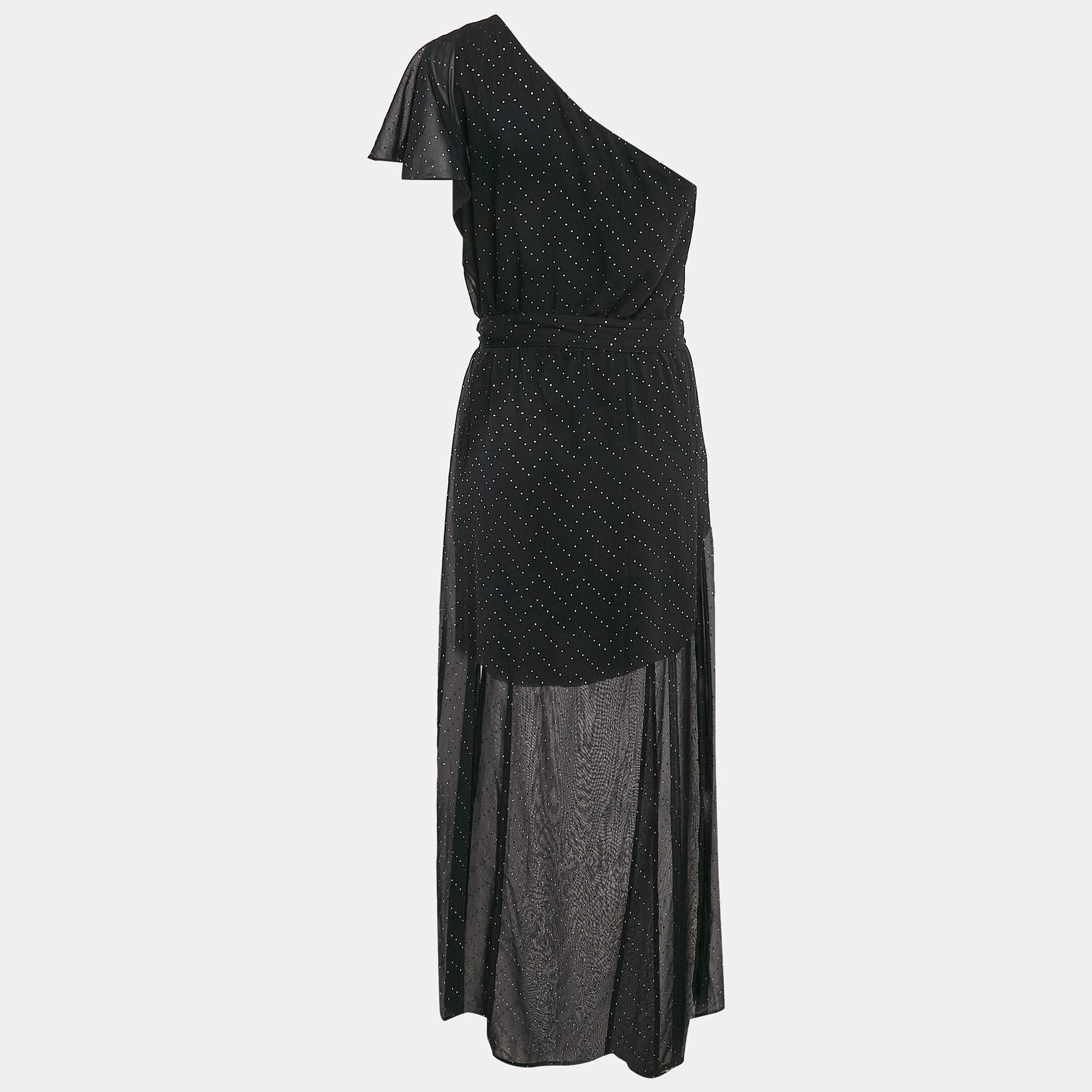 Maje Black Studded Chiffon One-Shoulder Midi Dress L