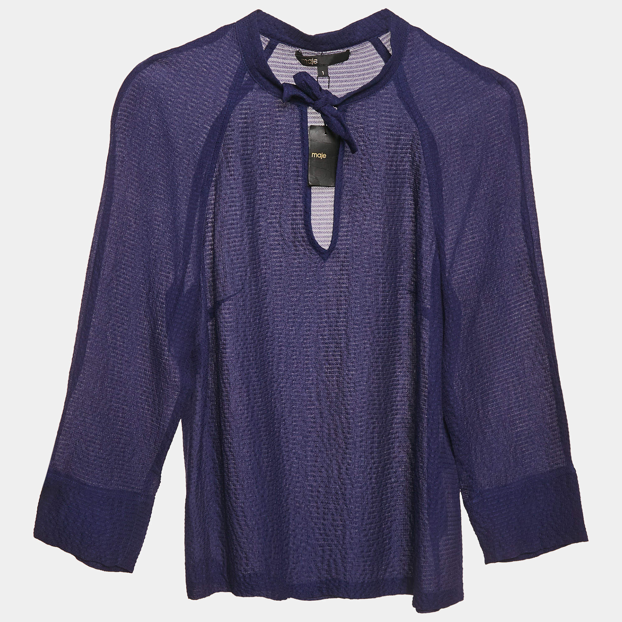 Maje Navy Blue Textured Silk Tie-Up Neck Detail Top S