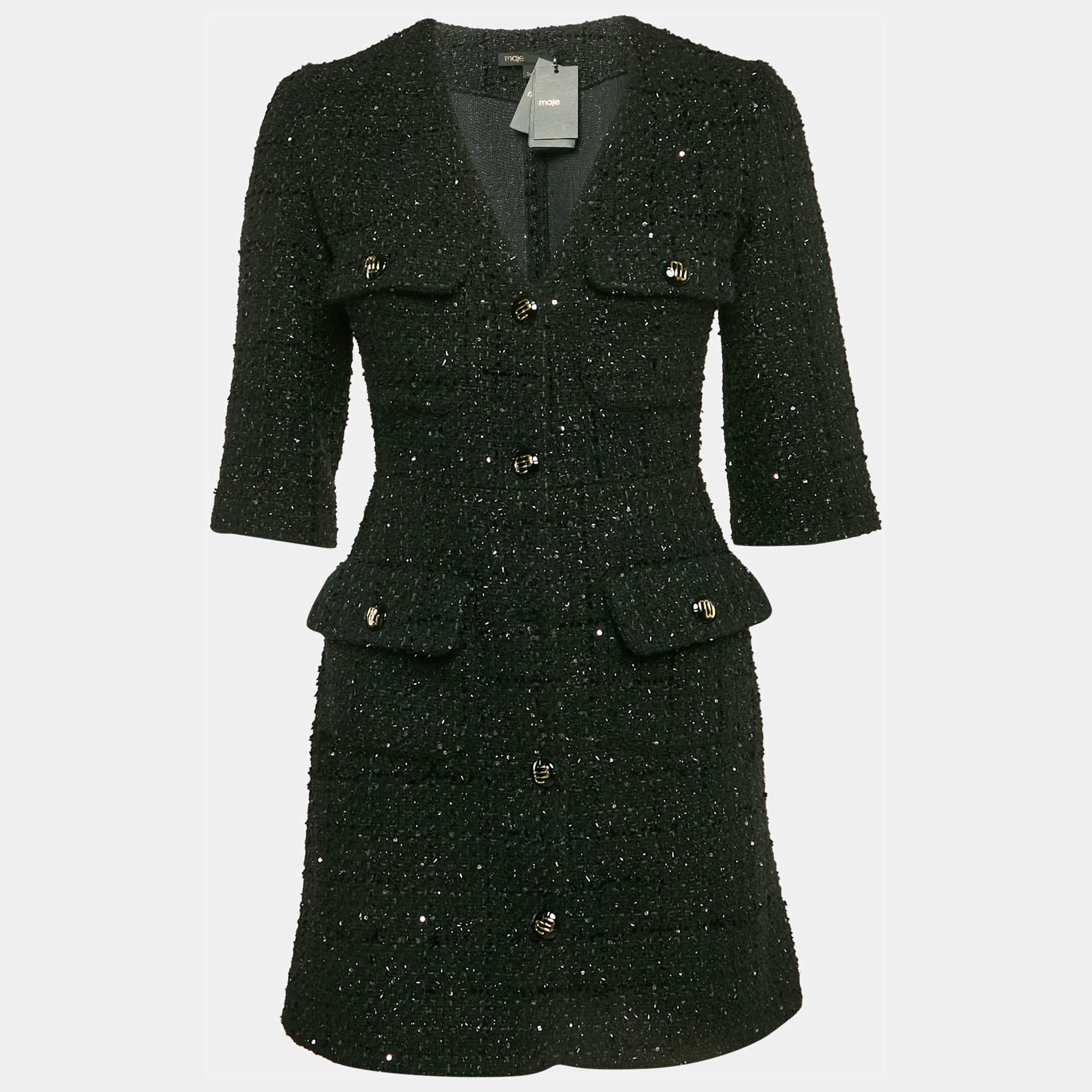 Maje Black Sequin Lurex Tweed Mini Dress XS