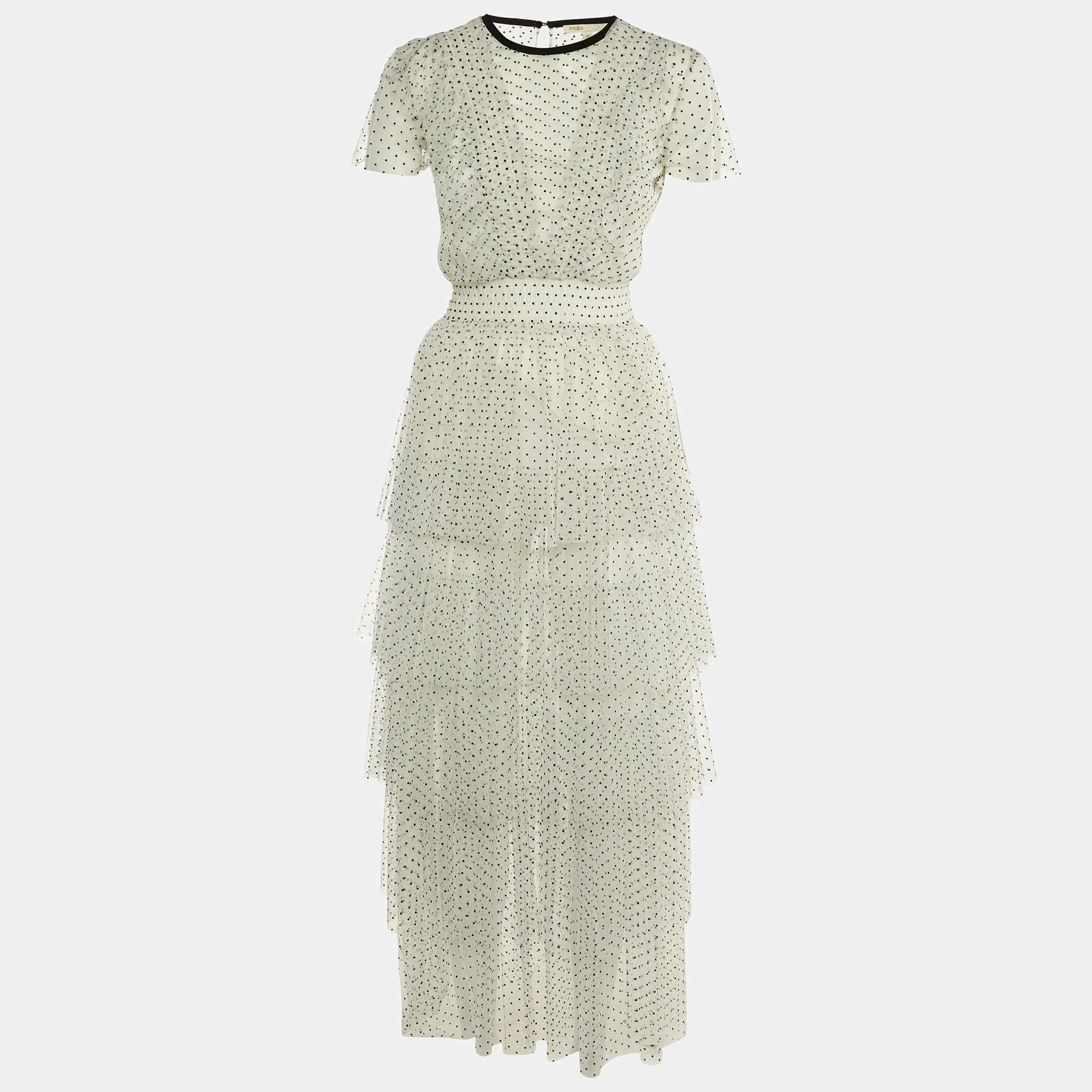 Pre Owned Maje White Polka Dot Mesh Tiered Riplume Dress S