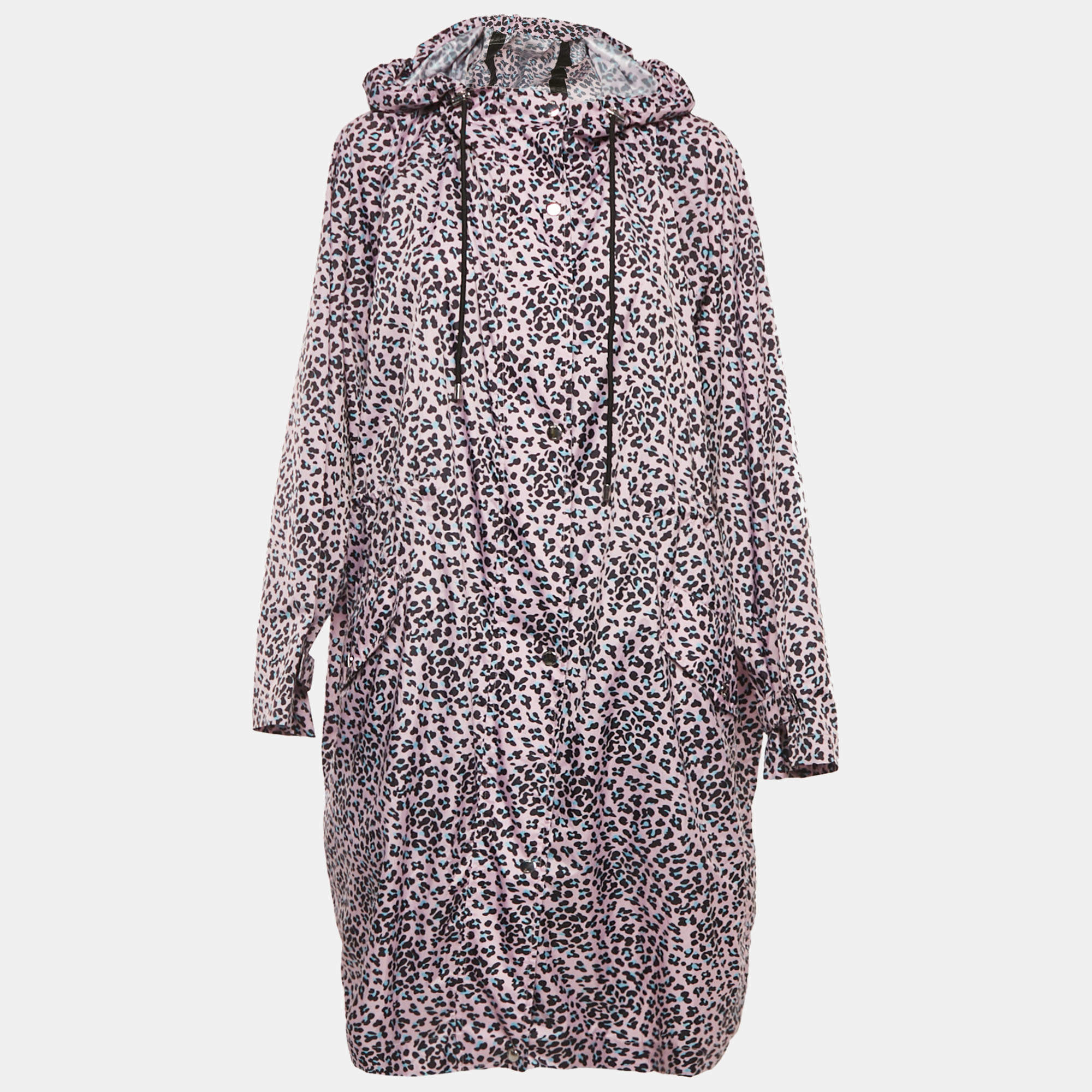 Maje Pink Leopard Print Synthetic Zip-Up Hooded Long Coat S