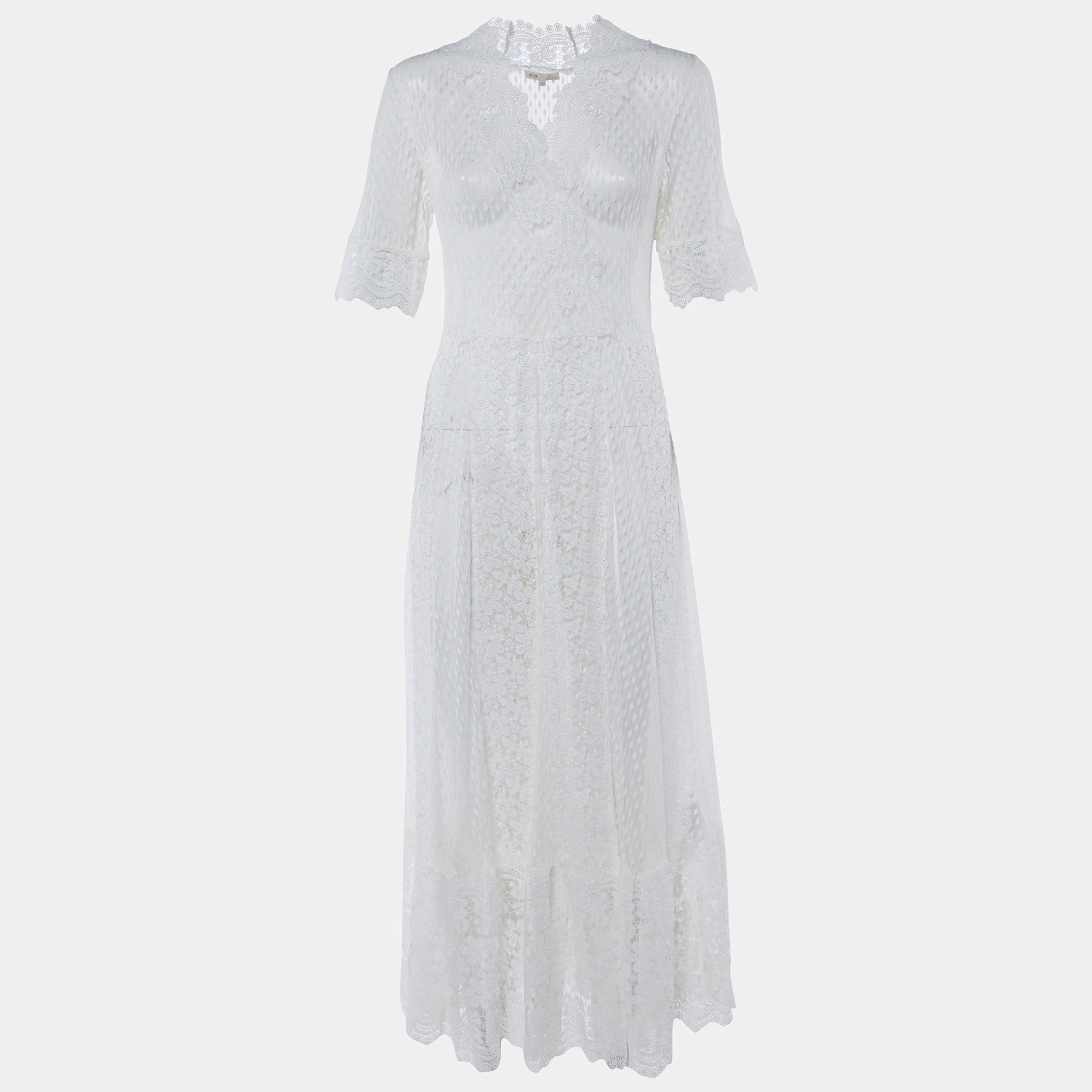 Pre Owned Maje White Guipure Lace Paneled Long Dress XL