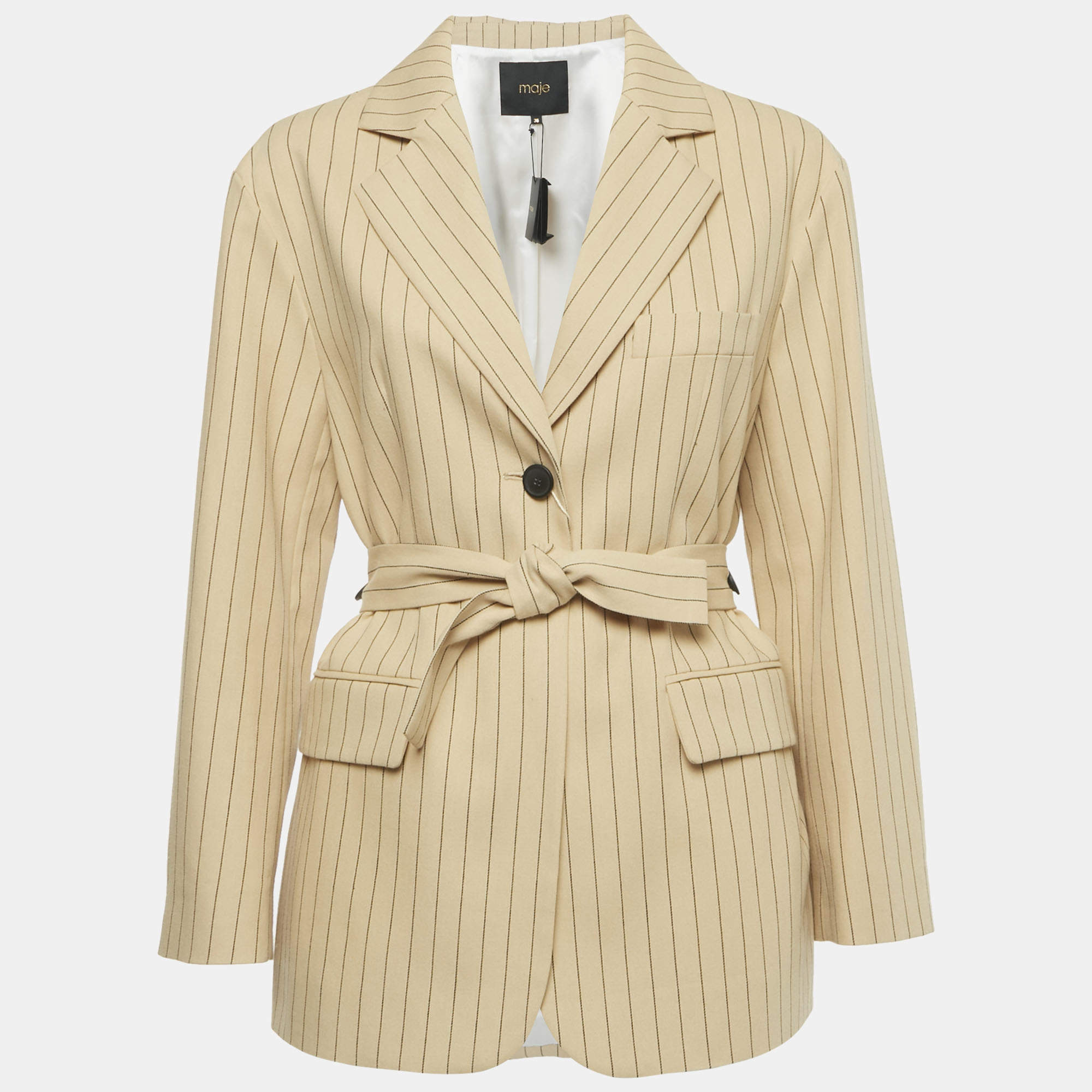 Pre Owned  Maje Beige Striped Cotton Blend  Belted Blazer S