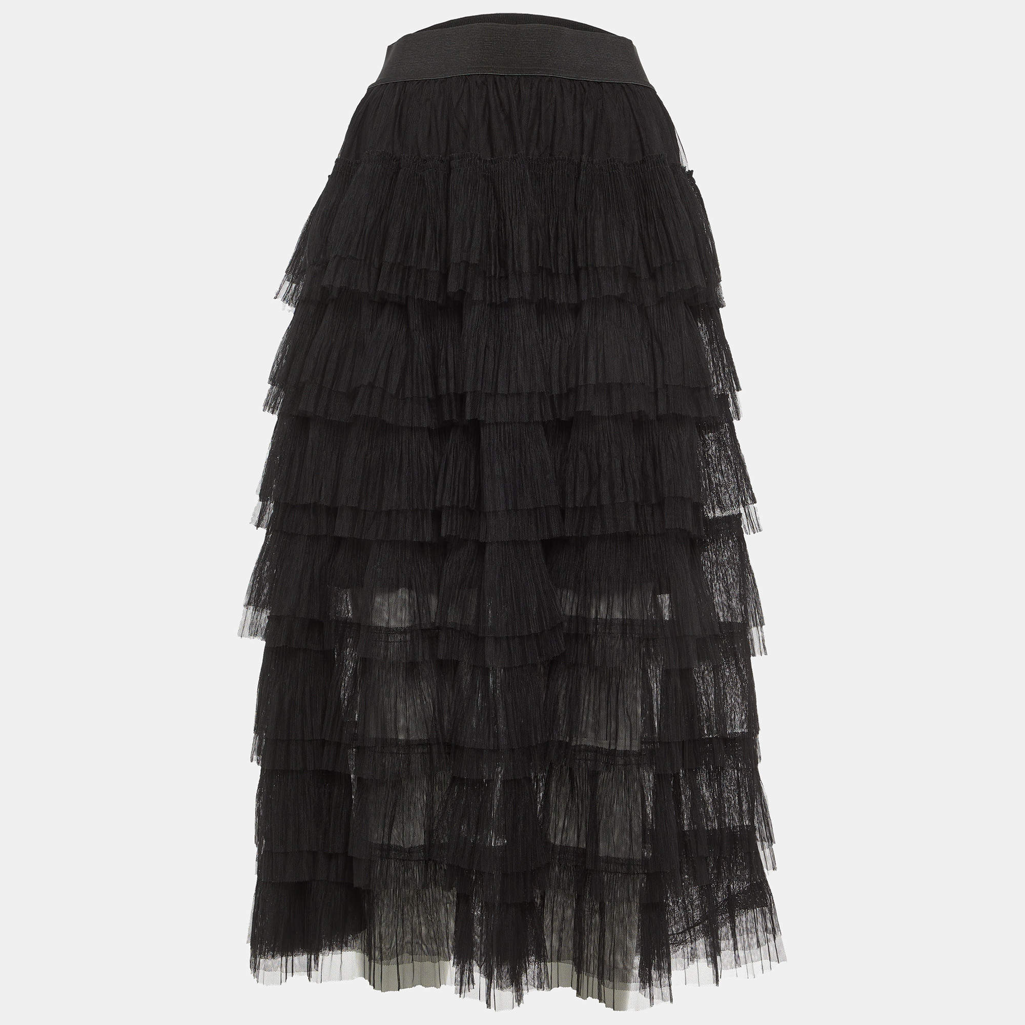 Pre Owned Maje Black Tulle Tiered Midi Skirt S