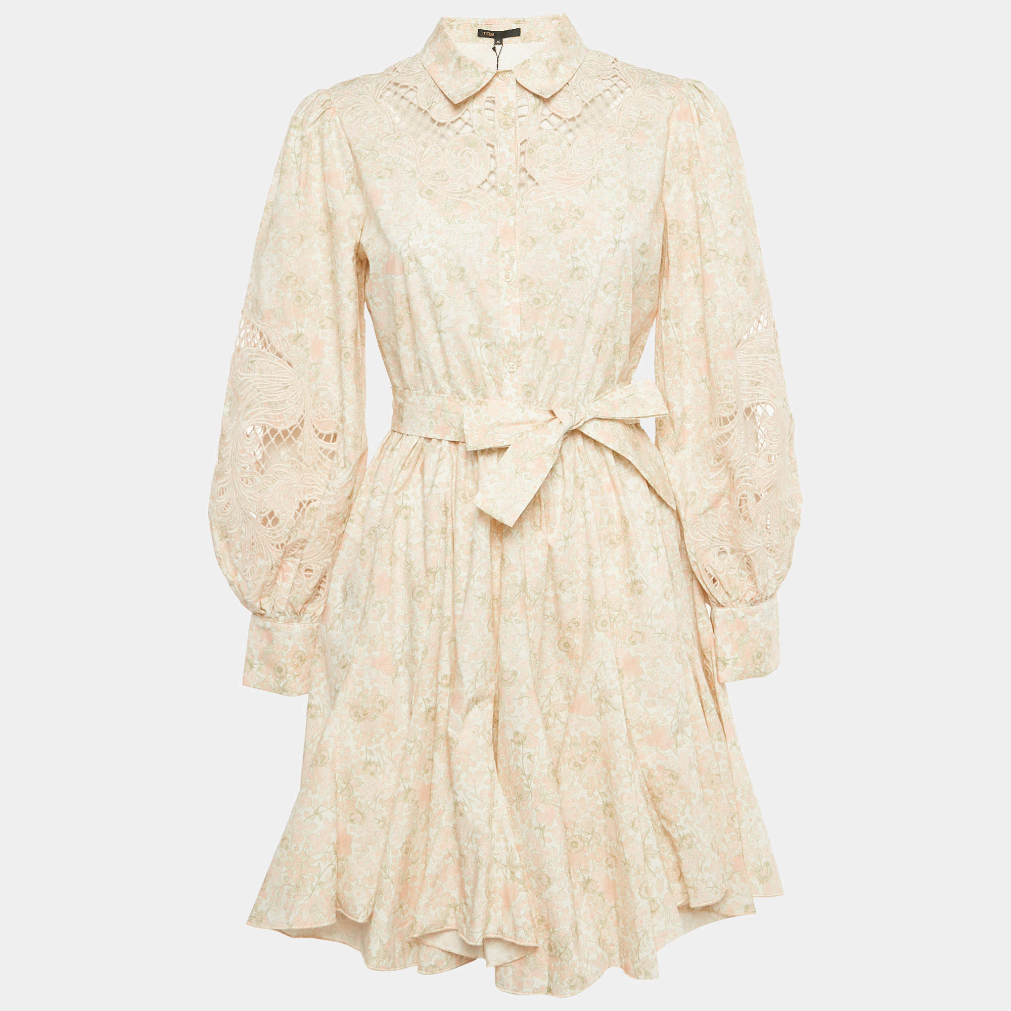 Pre Owned Maje Pink Floral Print Cotton Belted Rebelia Mini Dress S