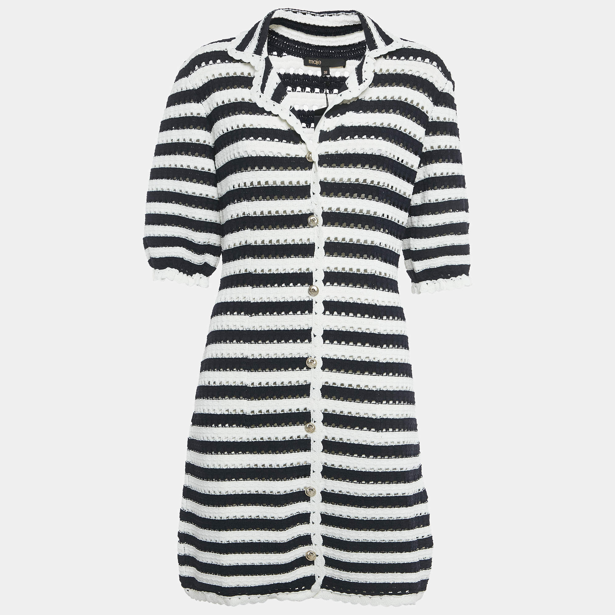 Pre Owned Maje White/Navy Blue Striped Crochet Rosette Mini Dress M