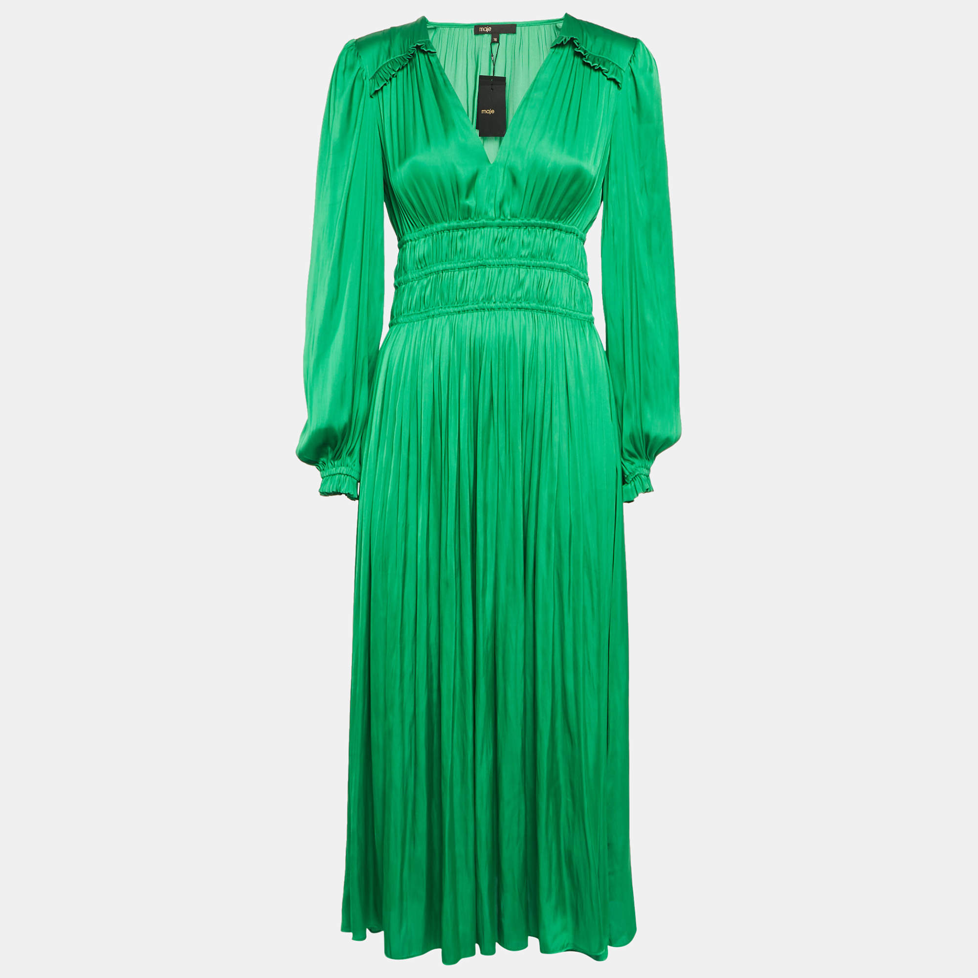 Pre Owned Maje Green Satin Ruffled Midi Dress S