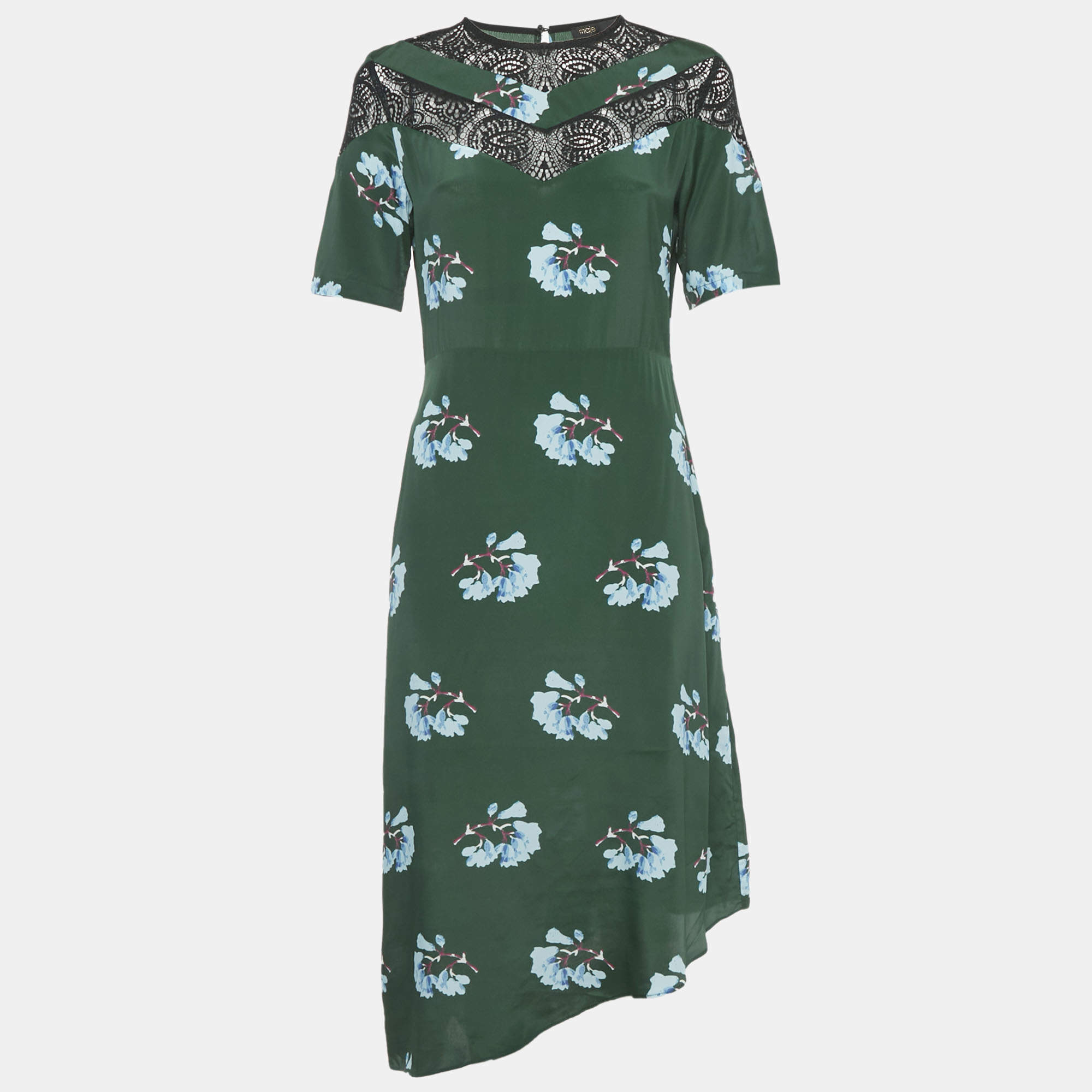 Pre Owned Maje Green Floral Print Lace Trim Crepe Asymmetric Midi Dress M 