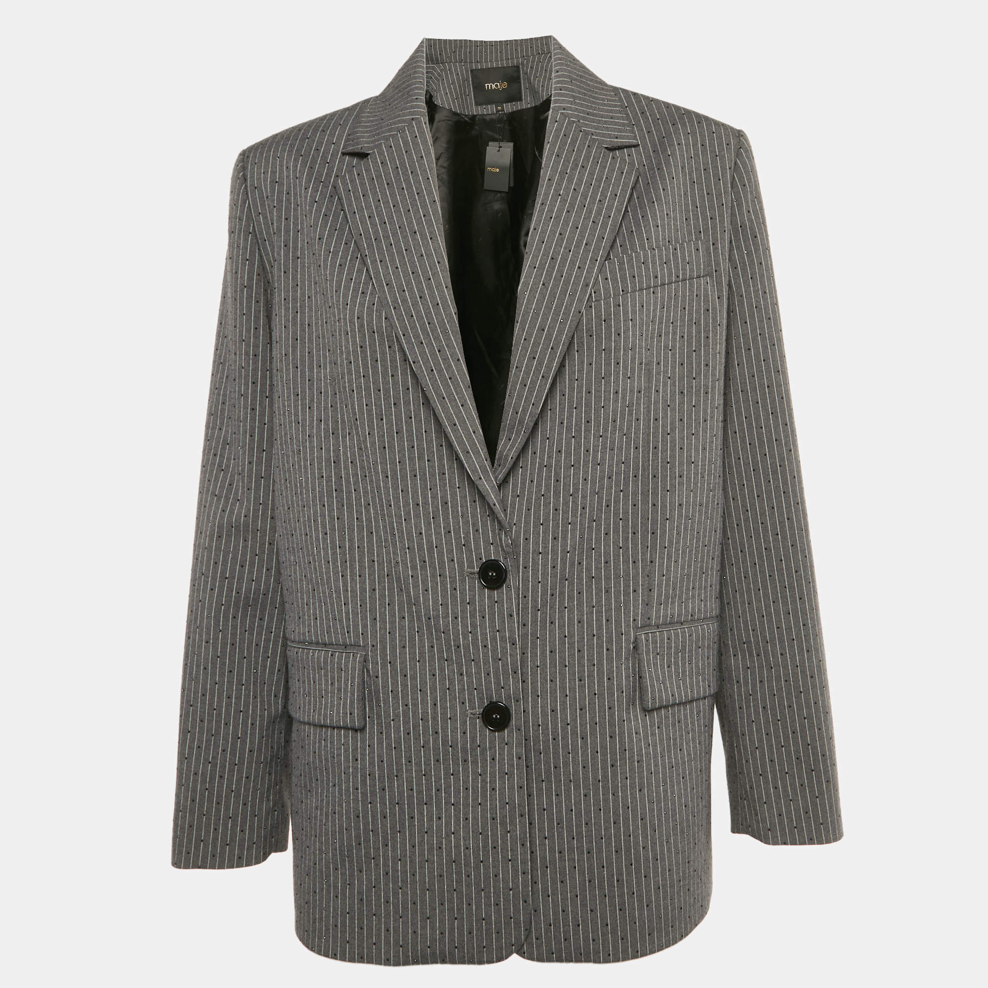 Pre Owned Maje Grey Pinstriped Rhinestone Embellished Blazer S