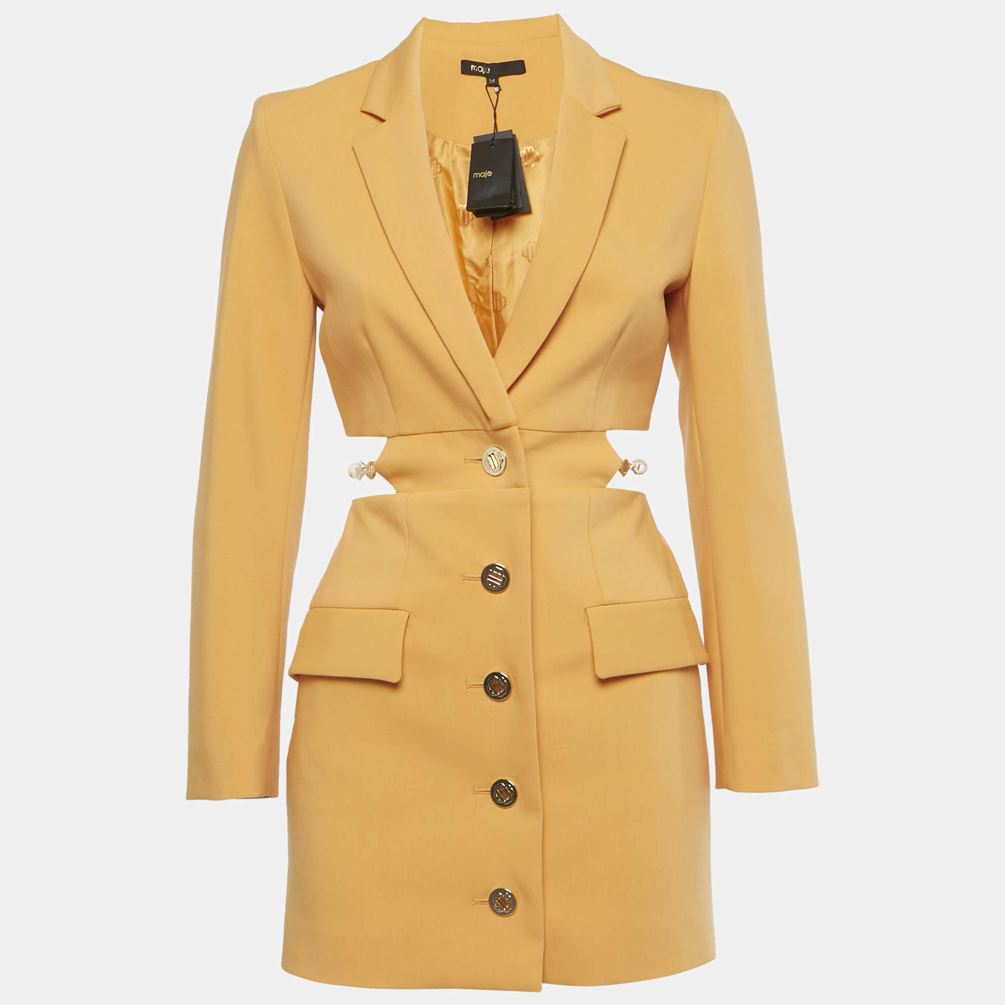 Pre Owned Maje Orange Cotton Embellished Openwork Tailored Dress S