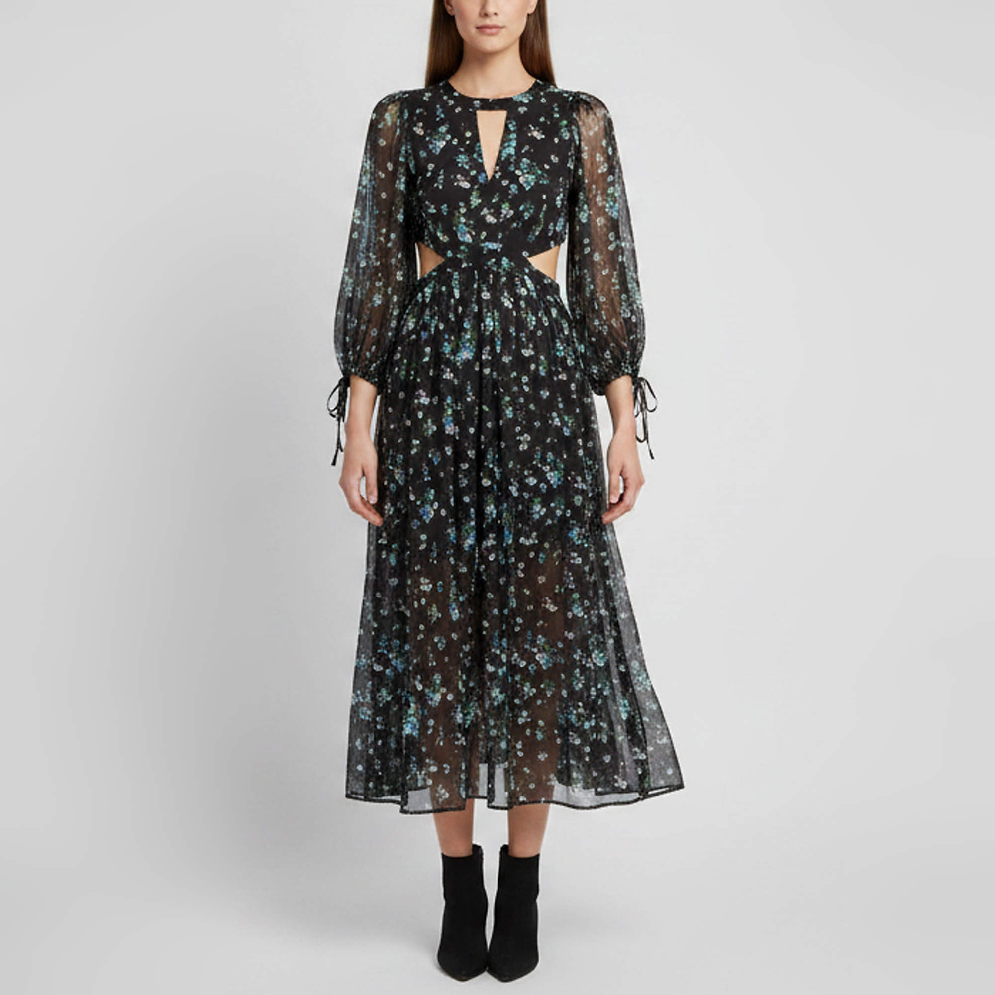 Pre Owned Maje Black Floral Print Chiffon Cut-out Maxi Dress S