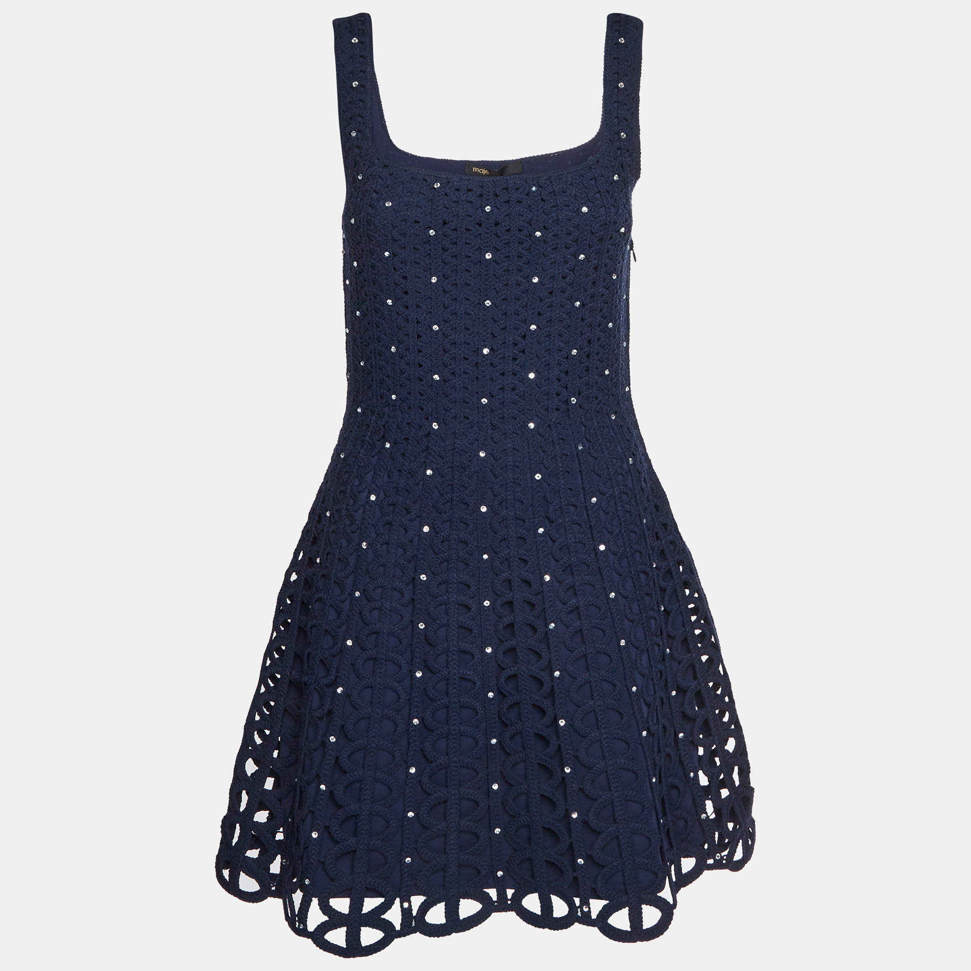 Pre Owned Maje Navy Blue Rhinestone Embellished Crochet Mini Dress M