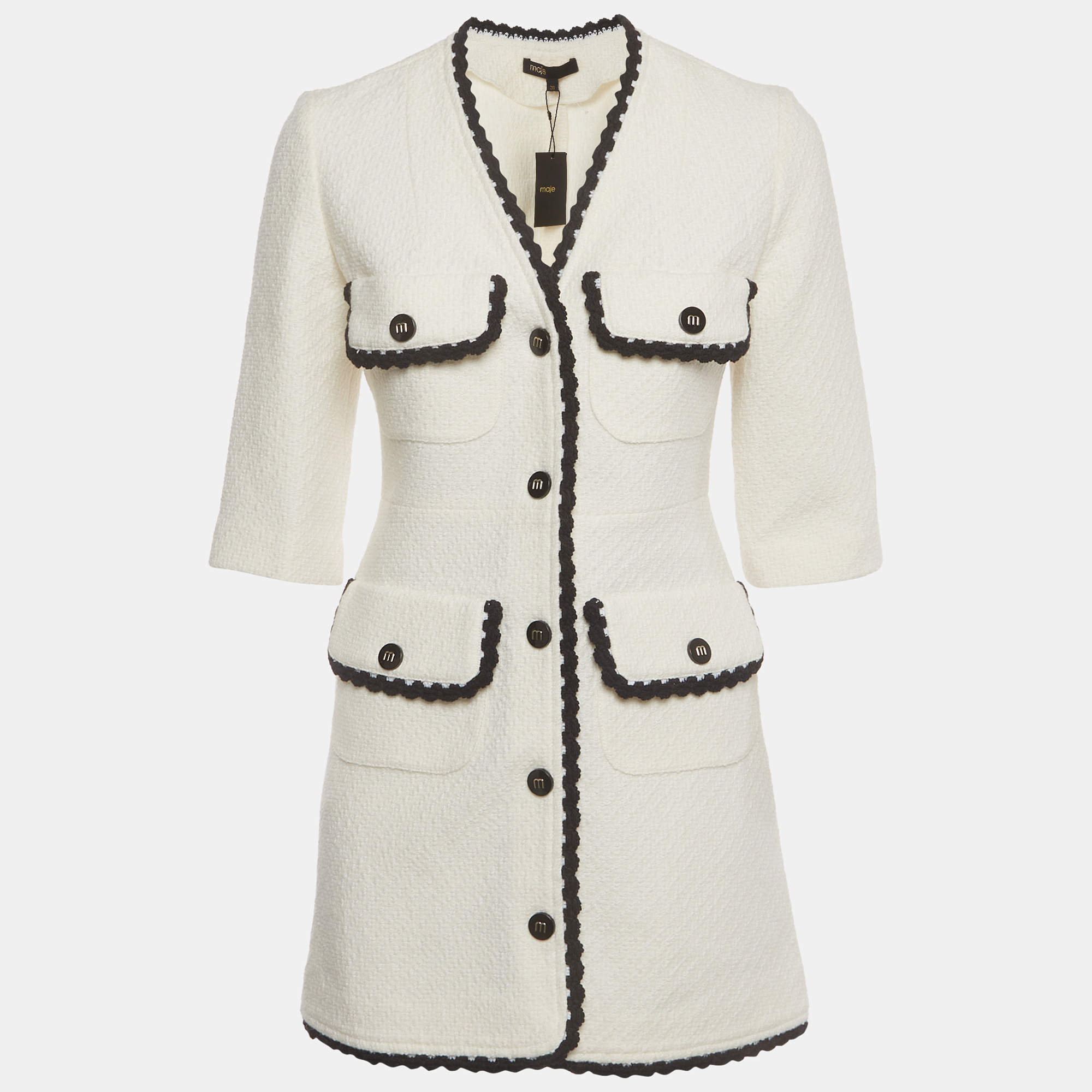 Pre Owned Maje Cream Tweed Contrast Trim Mini Ritosio Dress S