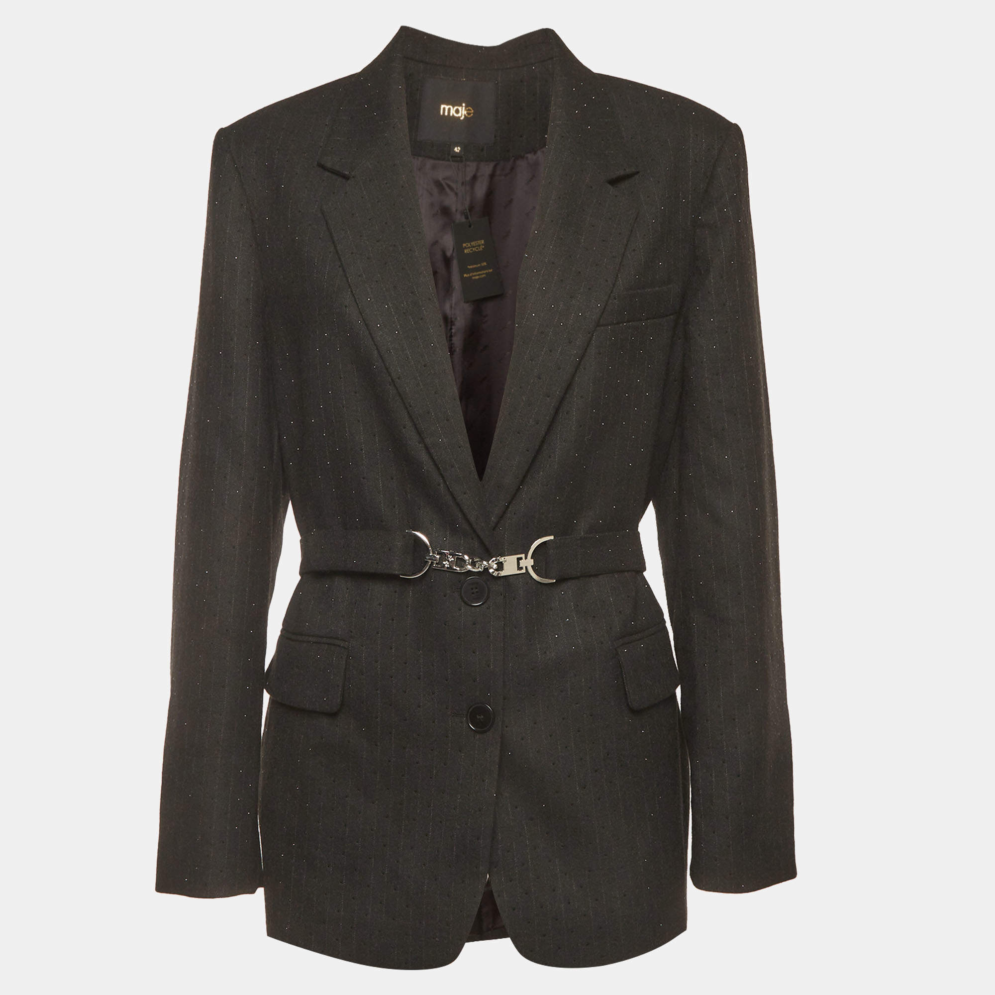 Pre Owned Maje Black Rhinestone Embellished Gabardine Belted Suit Jacket L