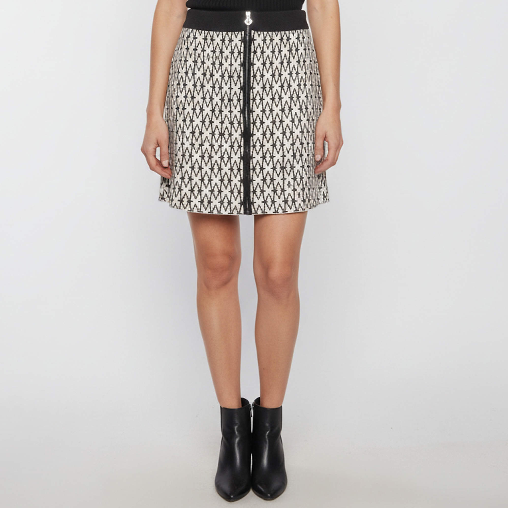Pre Owned Maje White/Black Jacquard Knit Pattern Zip-Up Mini Skirt L