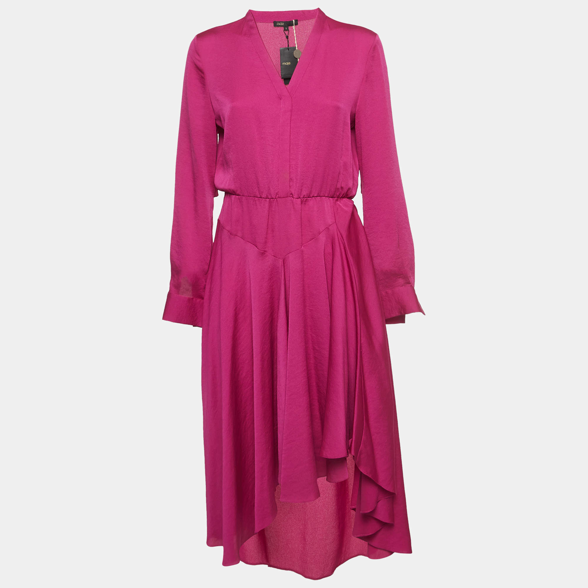 Maje Pink Satin Crepe Asymmetrical Midi Dress L