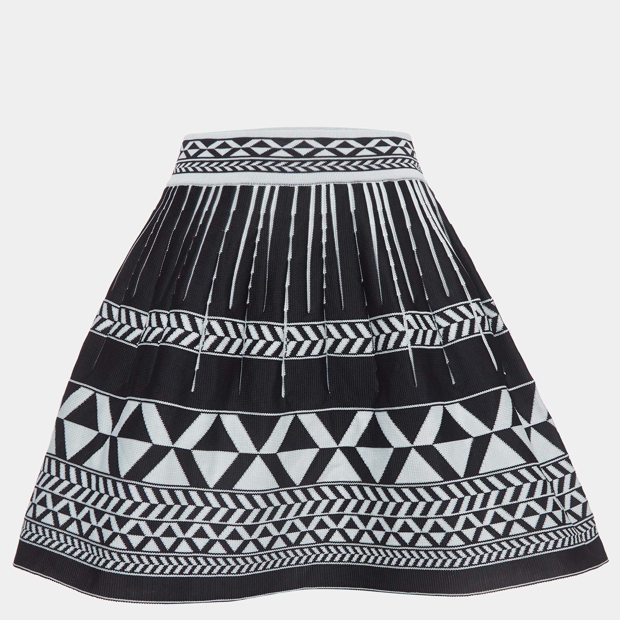 Maje Navy Blue Patterned Knit Flared Mini Skirt S