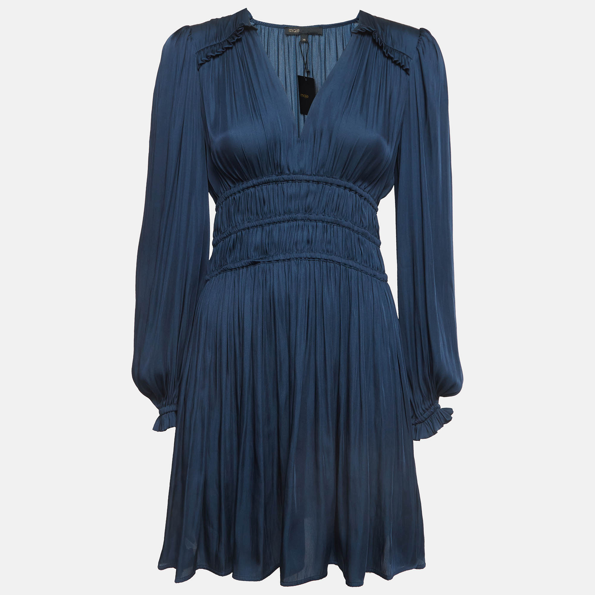 Pre Owned Maje Navy Blue Satin Ruffled Mini Dress M