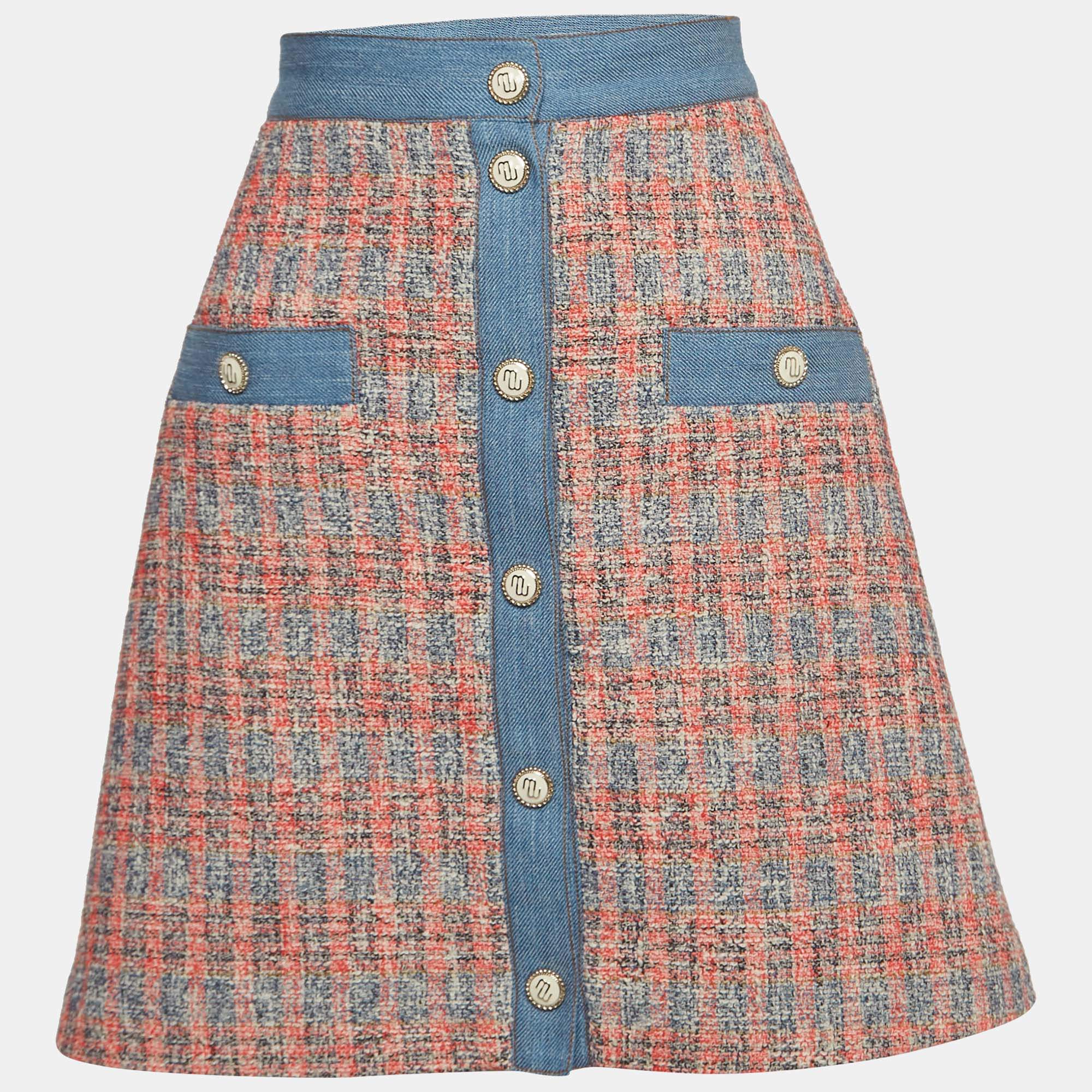 Maje Multicolor Tweed Buttoned Front Mini Skirt L