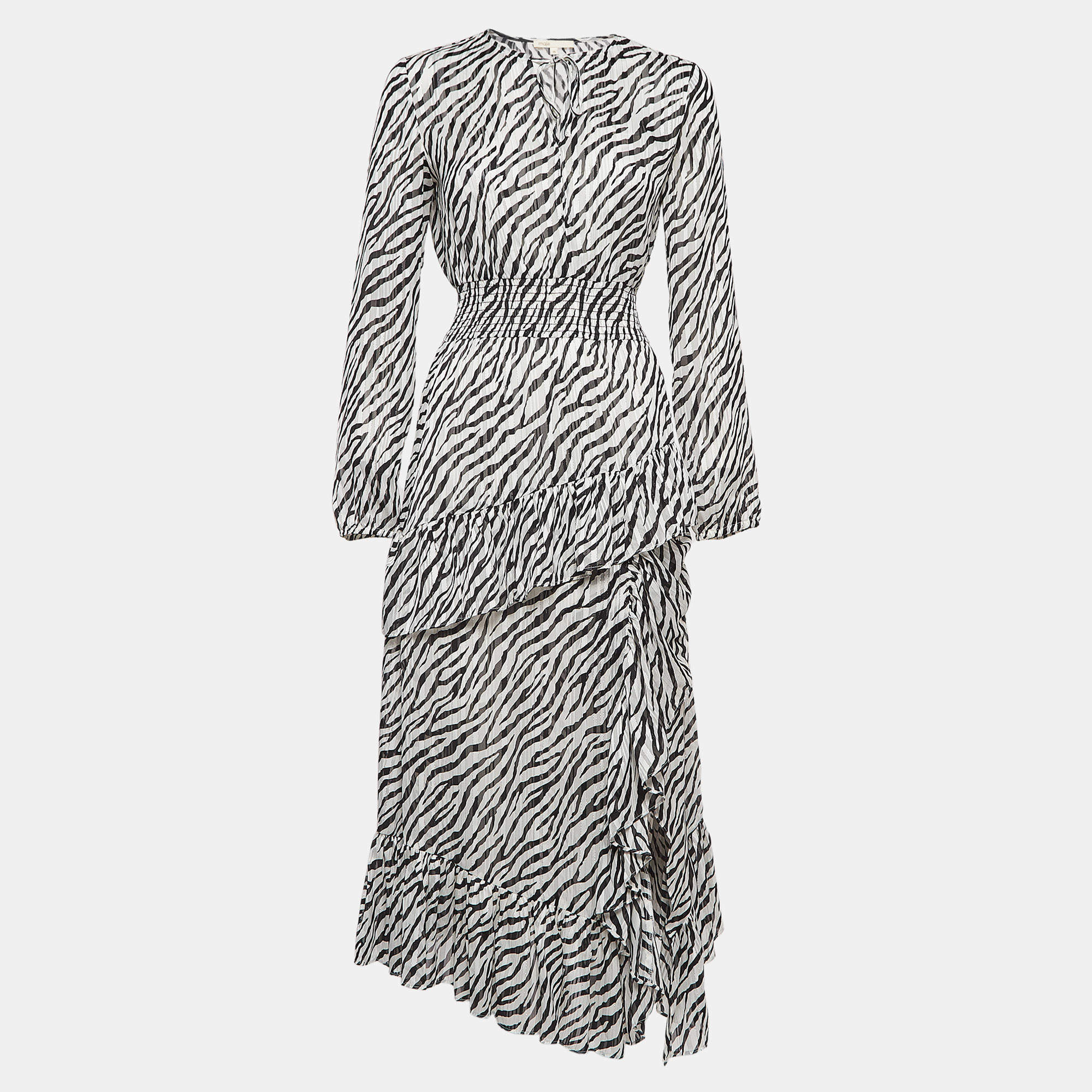 Maje Black/White Zebra Print Lurex Crepe Ruffled Maxi Dress S