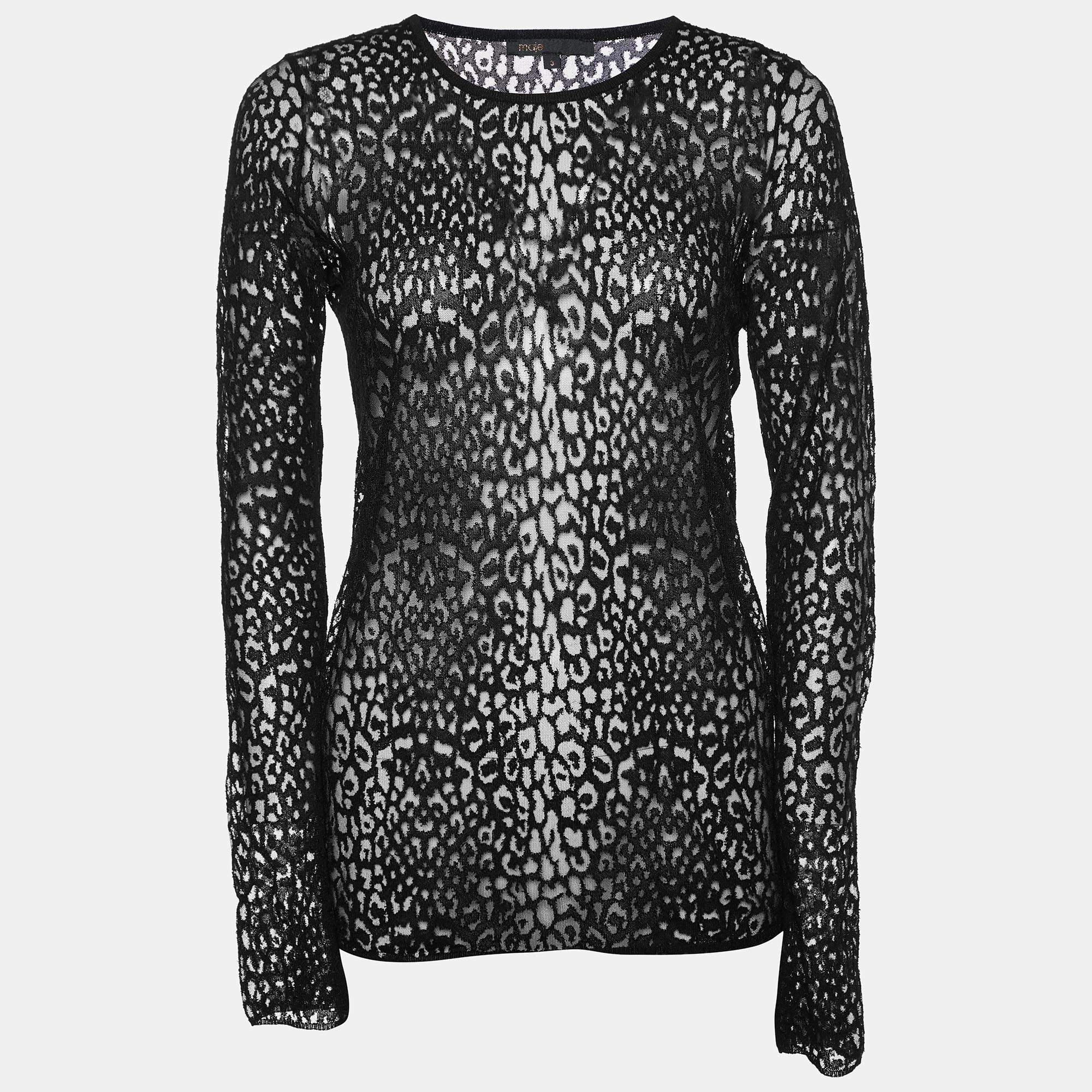 Maje Black Patterned Lace Full Sleeves Top S