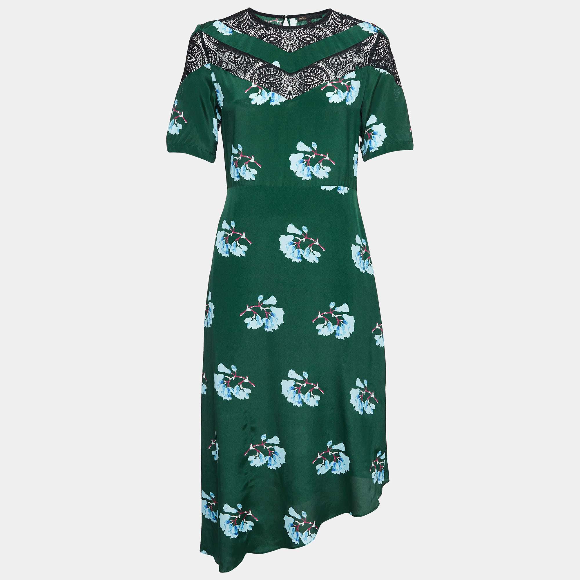 Maje Green Floral Print Lace Trim Crepe Asymmetric Midi Dress M 