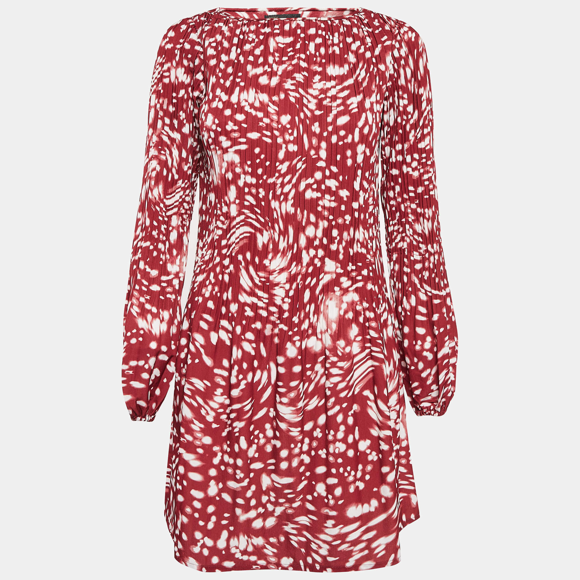 Pre Owned Maje Red Printed Pleated Full Sleeves Mini Dress S