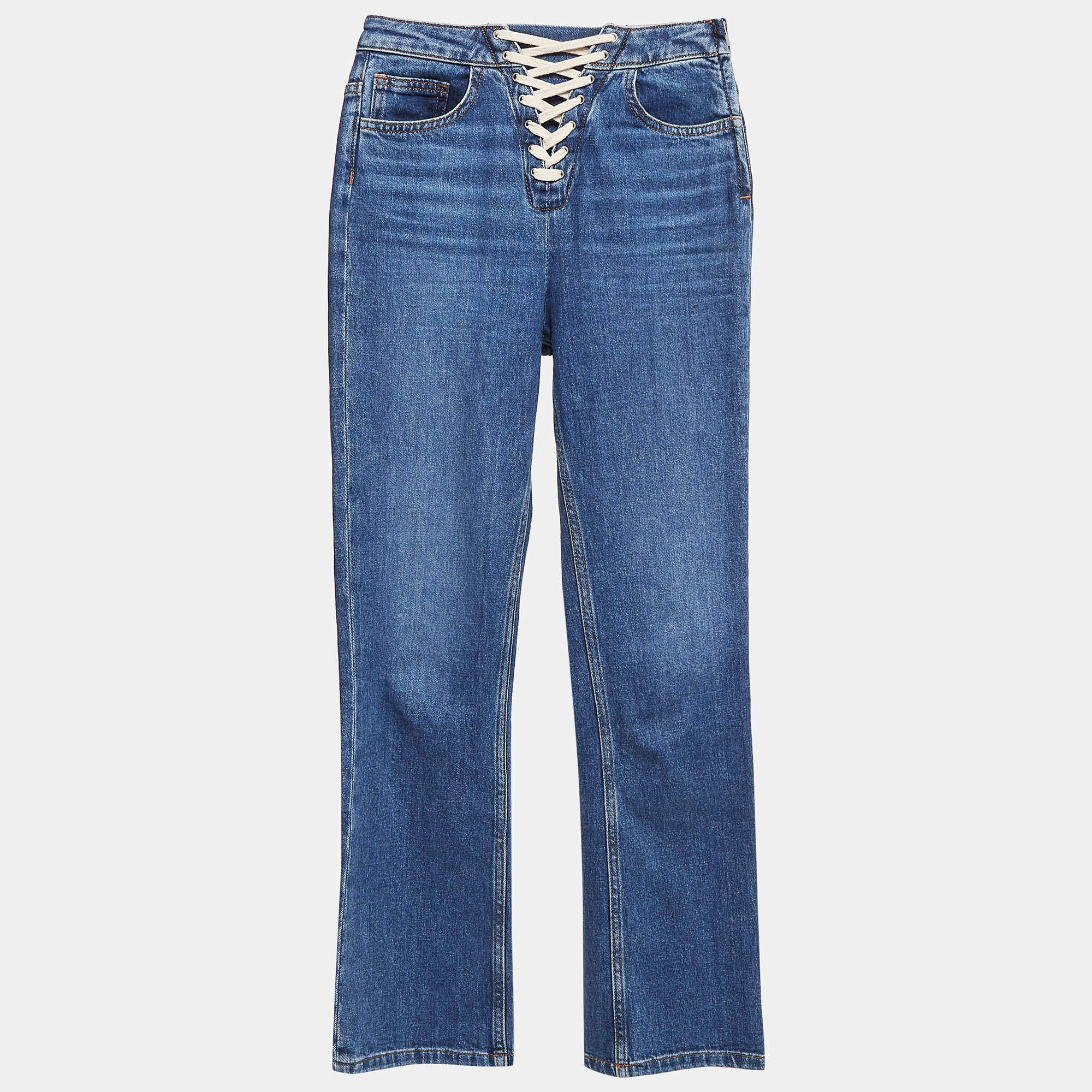 Pre Owned Maje Blue Lace-Up Denim High Rise Jeans XS Waist 26"